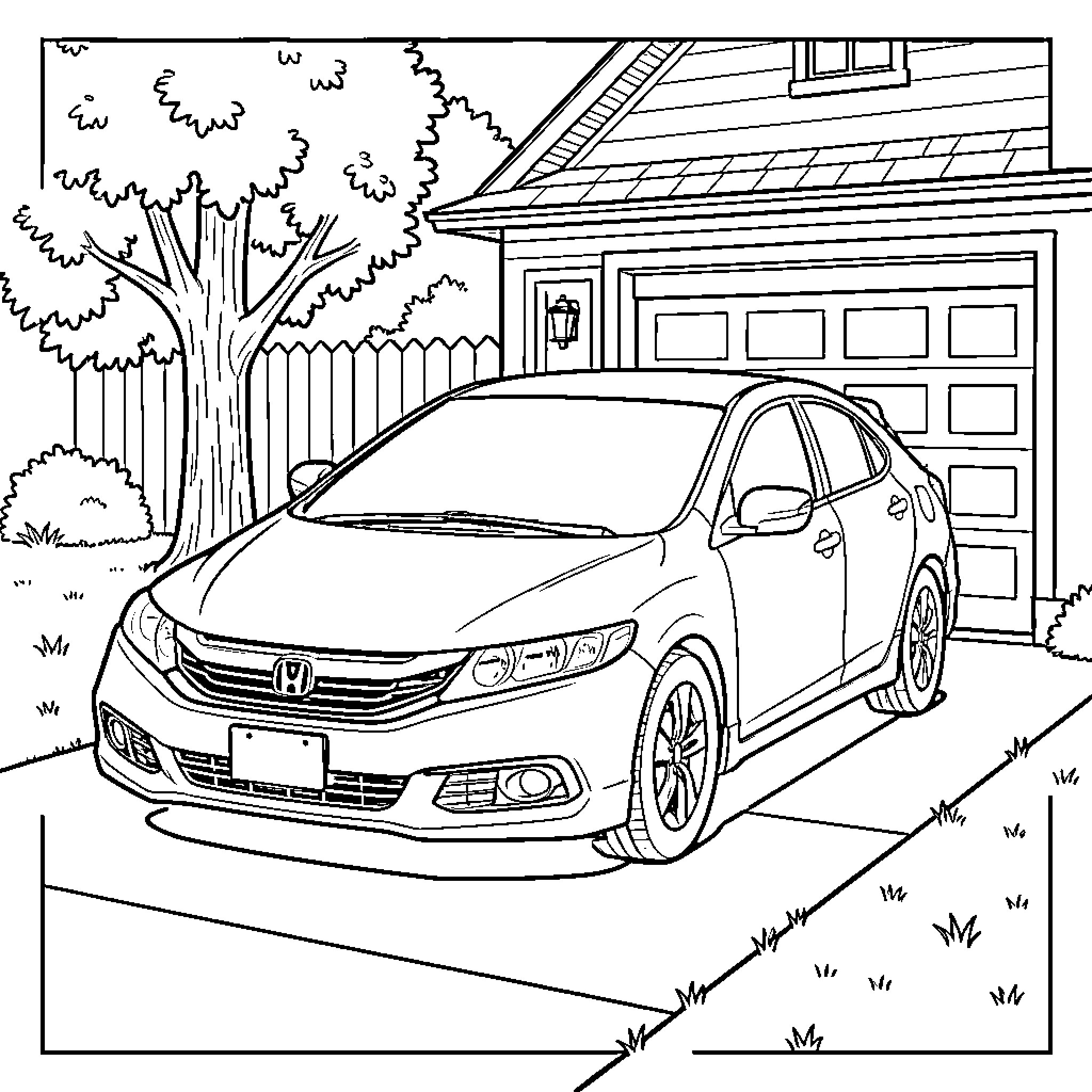 Honda Civic parked in a driveway near a house Coloring Page (free black-and-white line drawing printable PDF for all, from beginners to advanced learners, including children, teens, adults, and seniors)
