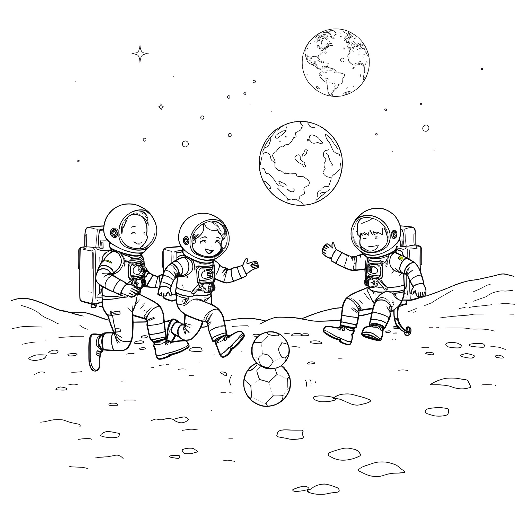 Class of astronauts exploring the moon Coloring Page (free black-and-white line drawing printable PDF for all, from beginners to advanced learners, including children, teens, adults, and seniors)