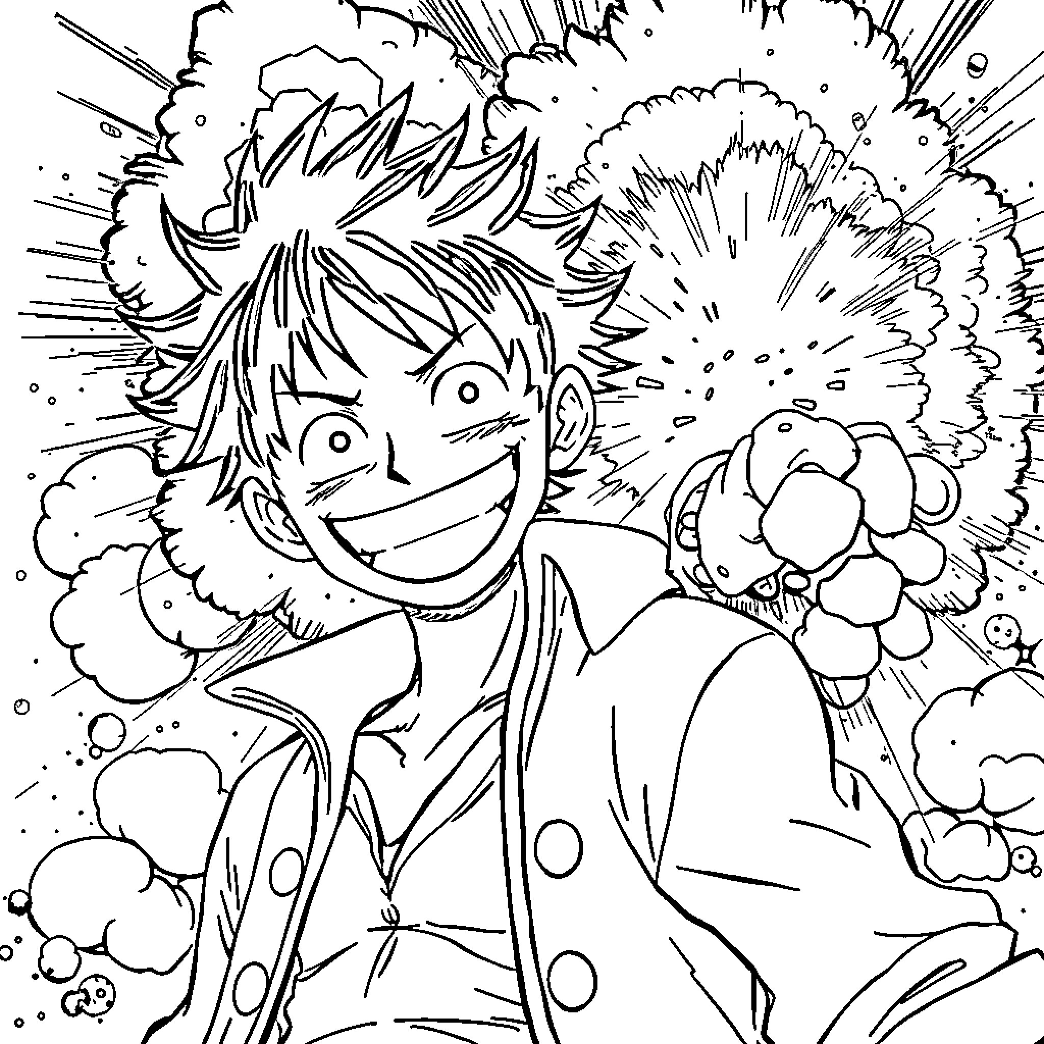 Luffy's Explosive Excitement Coloring Page (free black-and-white line drawing printable PDF for all, from beginners to advanced learners, including children, teens, adults, and seniors)