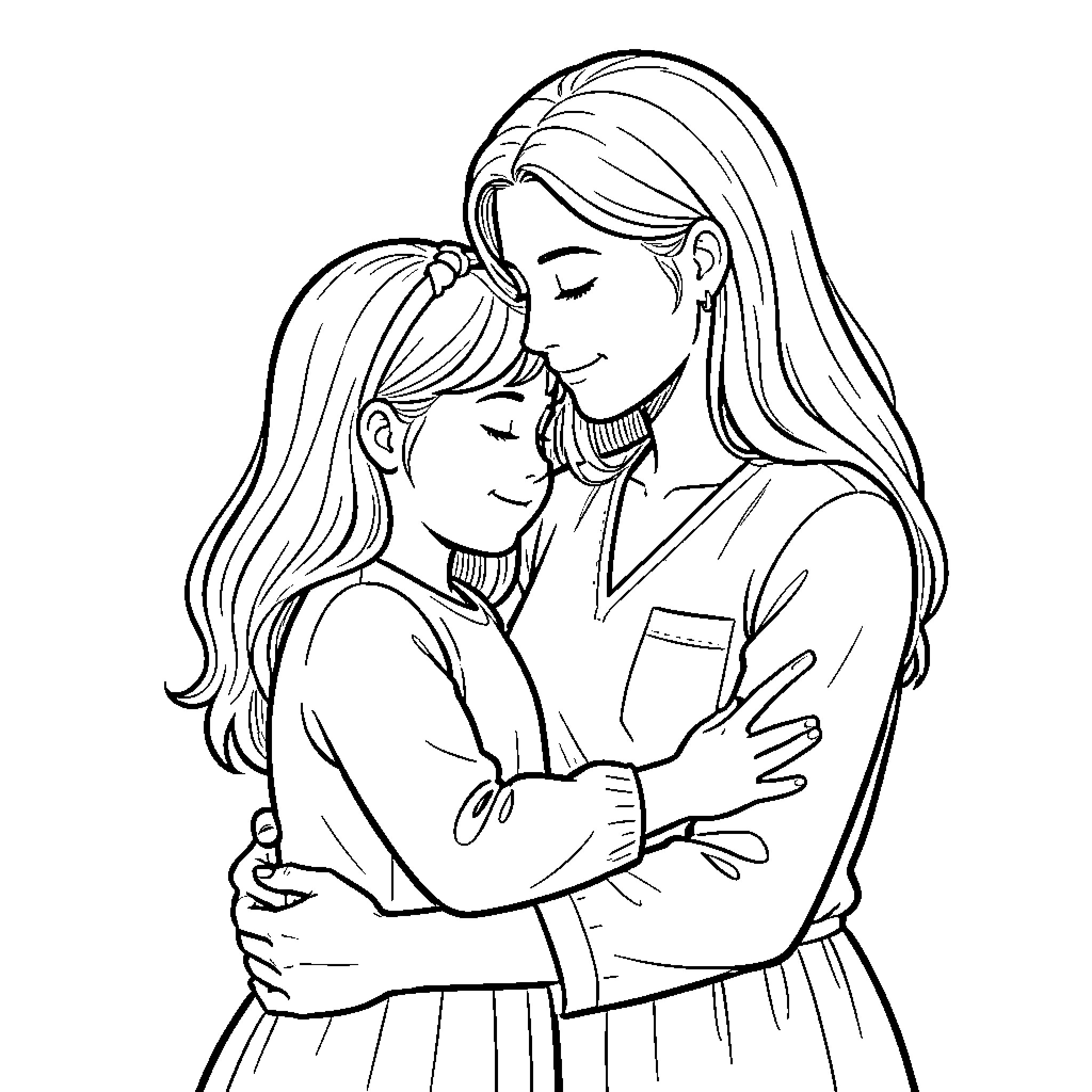 Mother hugging her young daughter affectionately Coloring Page (free black-and-white line drawing printable PDF for all, from beginners to advanced learners, including children, teens, adults, and seniors)