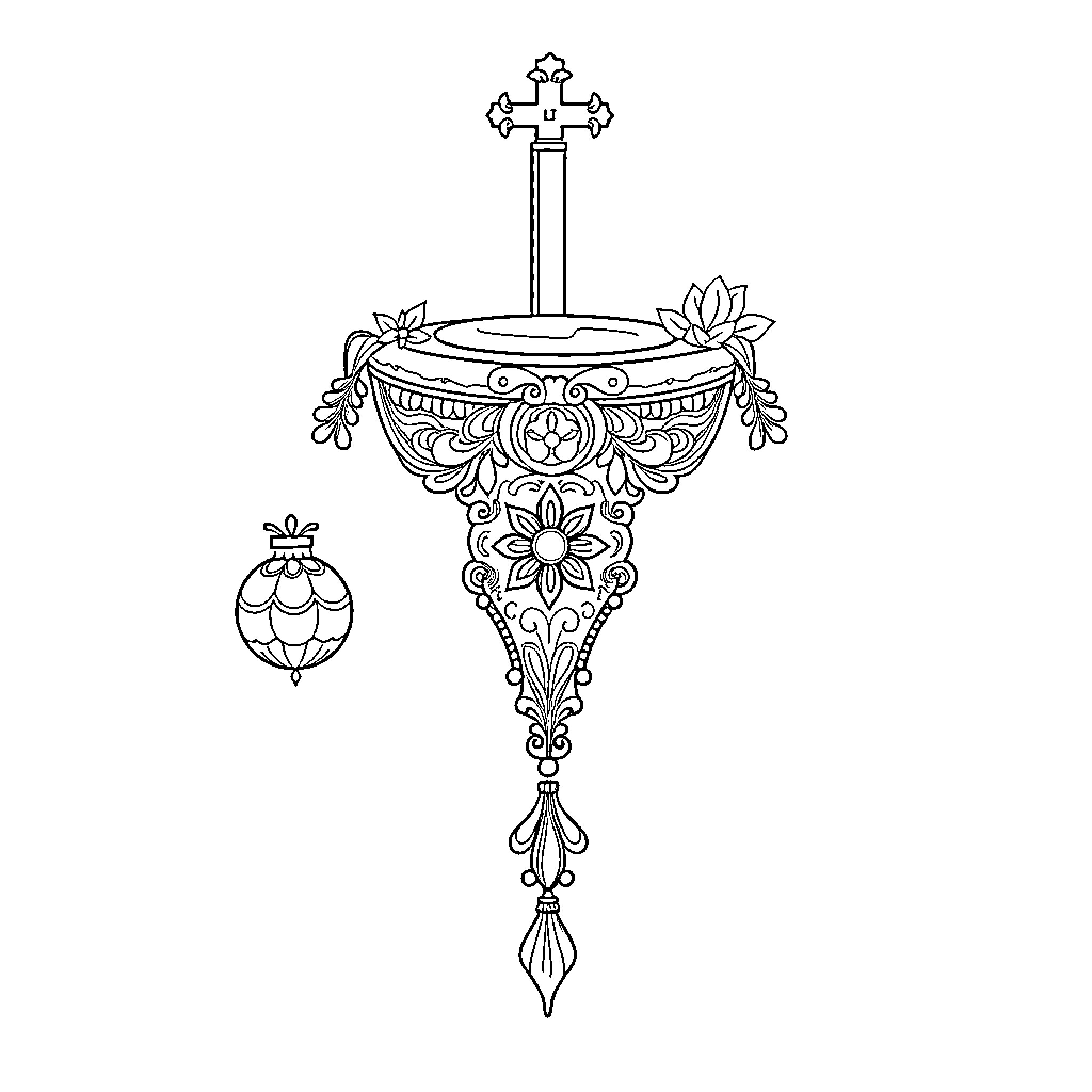 Priest Ornaments with Intricate Religious Symbols Coloring Page (free black-and-white line drawing printable PDF for all, from beginners to advanced learners, including children, teens, adults, and seniors)