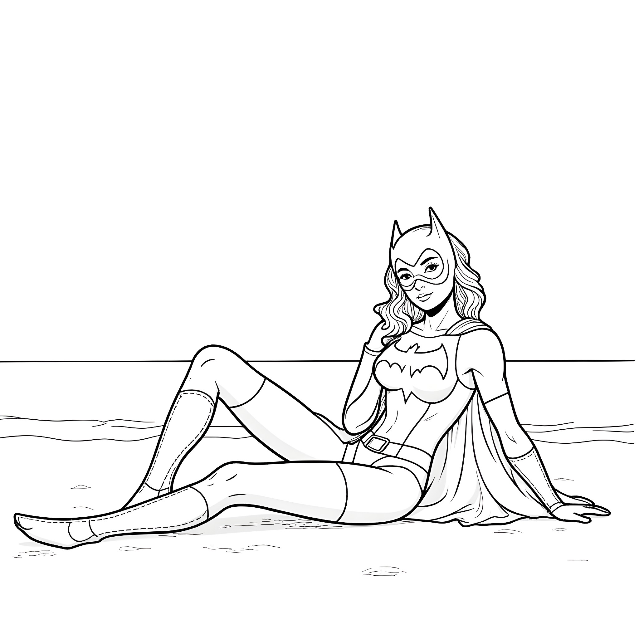 Batwoman relaxing on the beach Coloring Page (free black-and-white line drawing printable PDF for all, from beginners to advanced learners, including children, teens, adults, and seniors)