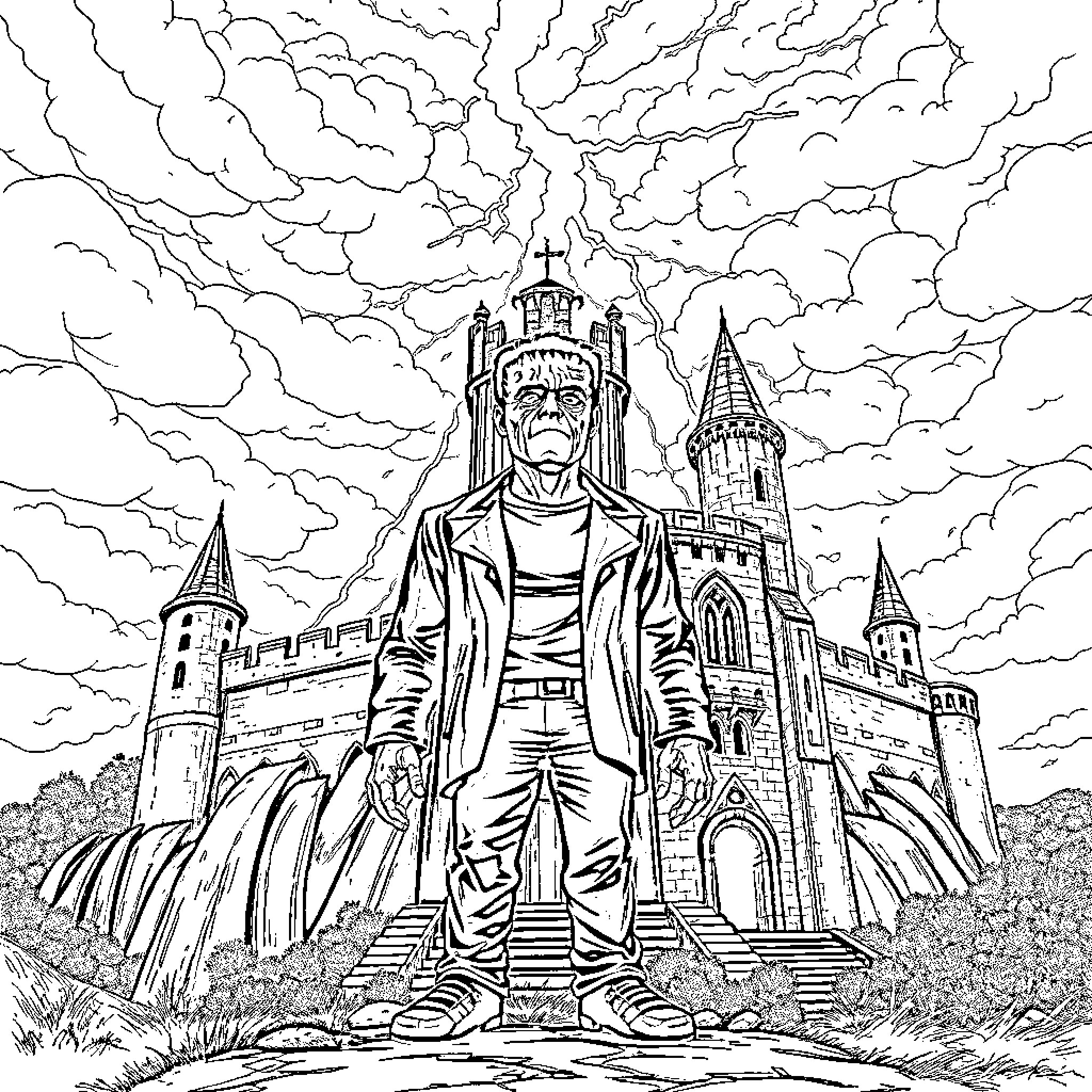 Frankenstein's Monster Stands Before a Gothic Castle Coloring Page (free black-and-white line drawing printable PDF for all, from beginners to advanced learners, including children, teens, adults, and seniors)