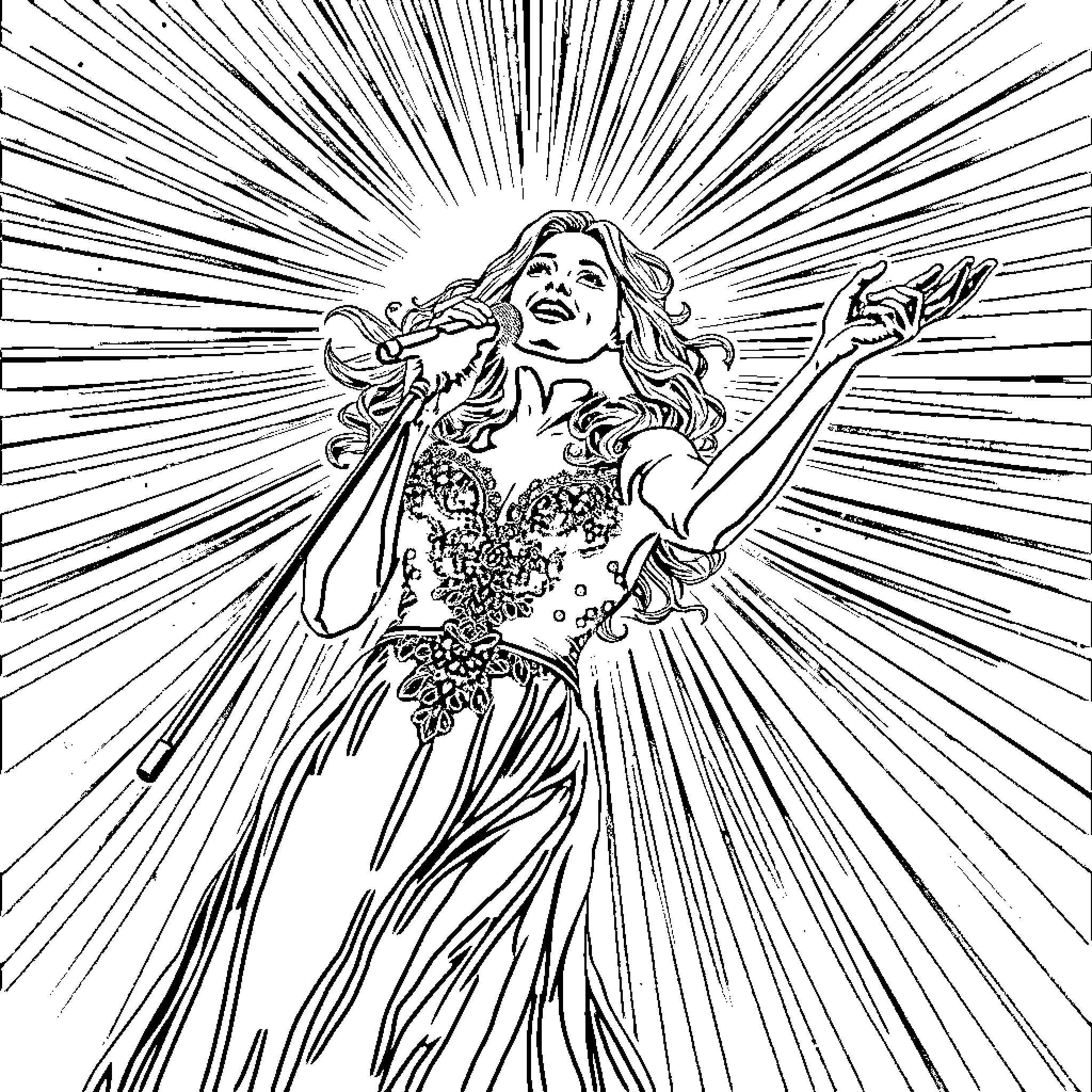 Melissa in a joyous and vibrant performance Coloring Page (free black-and-white line drawing printable PDF for all, from beginners to advanced learners, including children, teens, adults, and seniors)