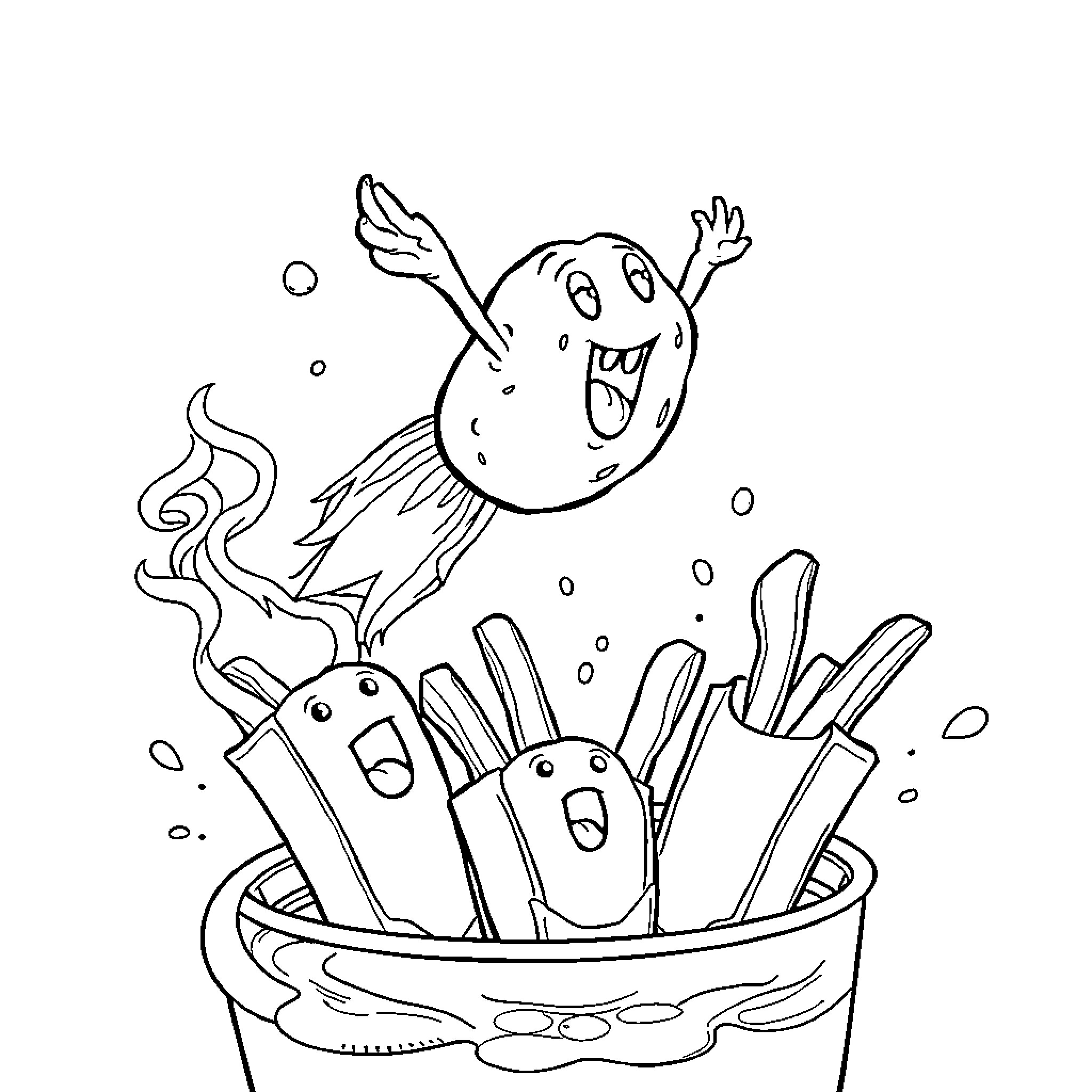 Potato characters playing in a bowl of fries Coloring Page (free black-and-white line drawing printable PDF for all, from beginners to advanced learners, including children, teens, adults, and seniors)