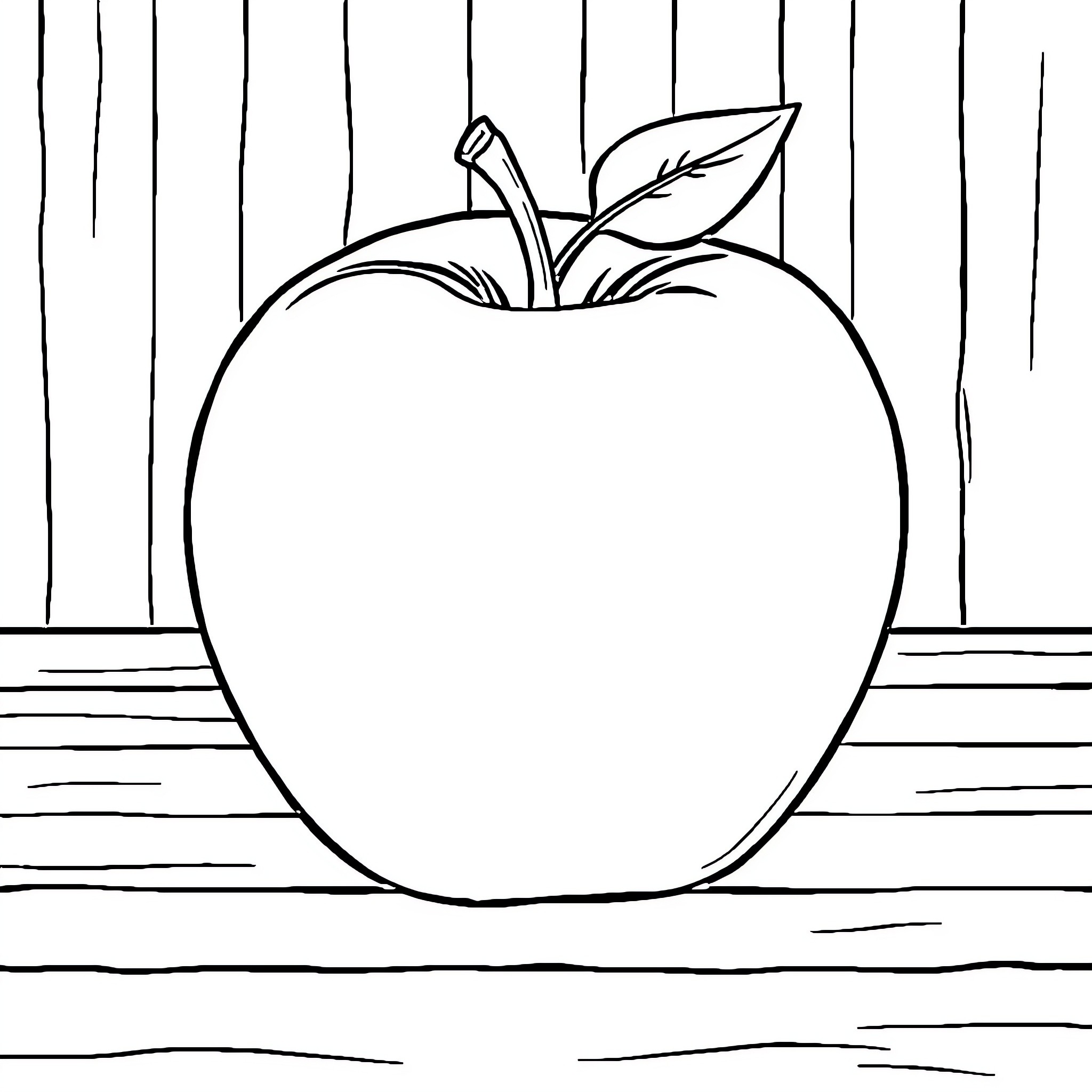 Apple on wooden background Coloring Page (free black-and-white line drawing printable PDF for all, from beginners to advanced learners, including children, teens, adults, and seniors)