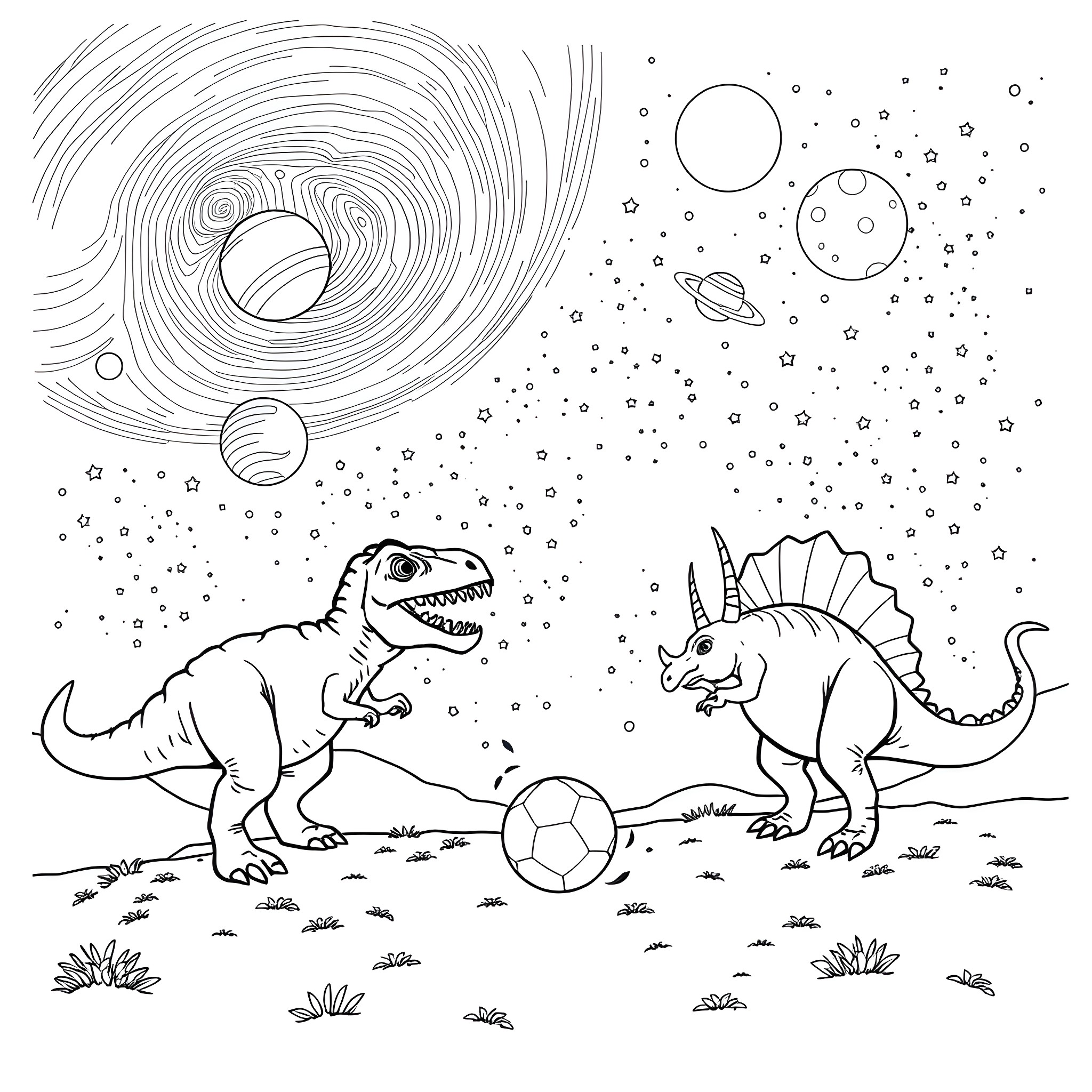 Dinosaurs playing with cosmic ball on alien planet Coloring Page (free black-and-white line drawing printable PDF for all, from beginners to advanced learners, including children, teens, adults, and seniors)