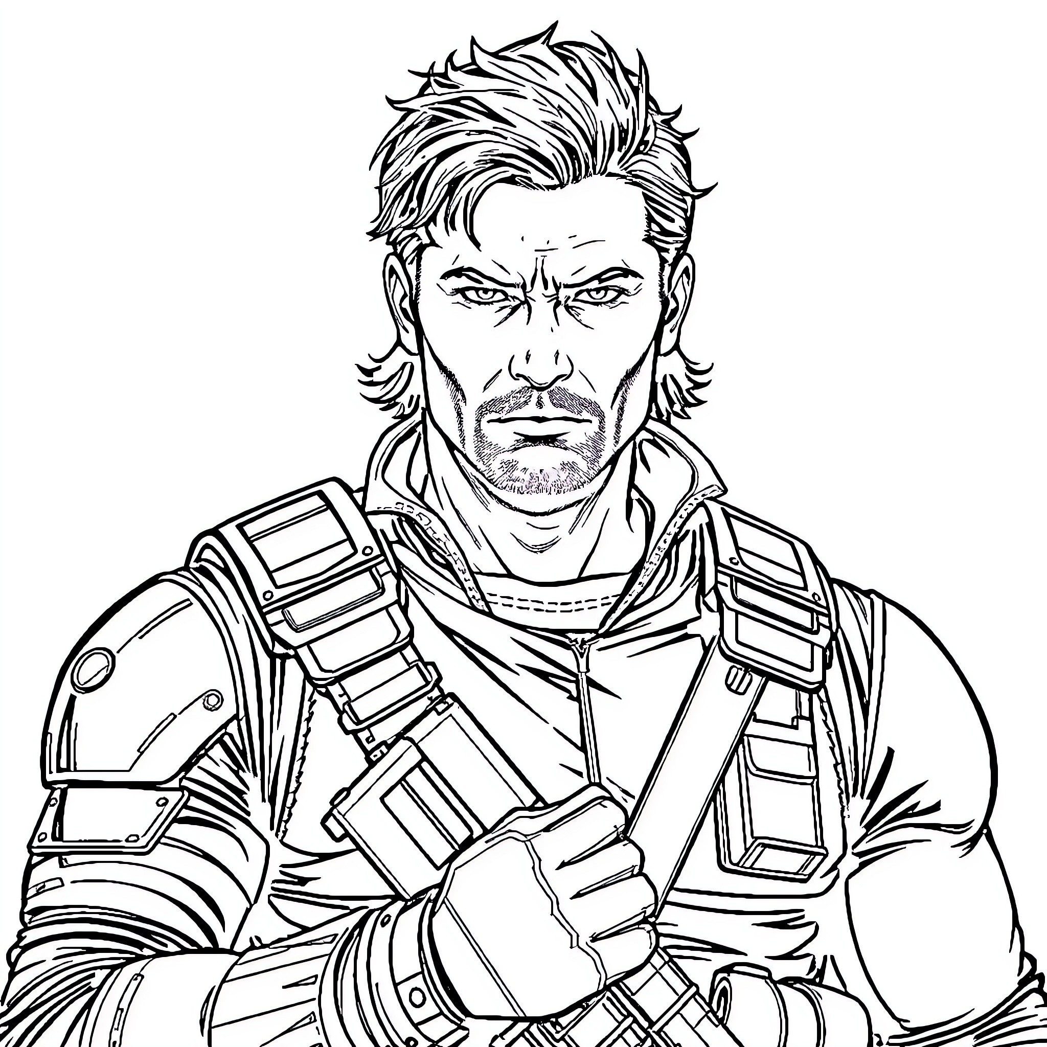 Bucky Barnes in combat-ready gear with focused expression Coloring Page (free black-and-white line drawing printable PDF for all, from beginners to advanced learners, including children, teens, adults, and seniors)