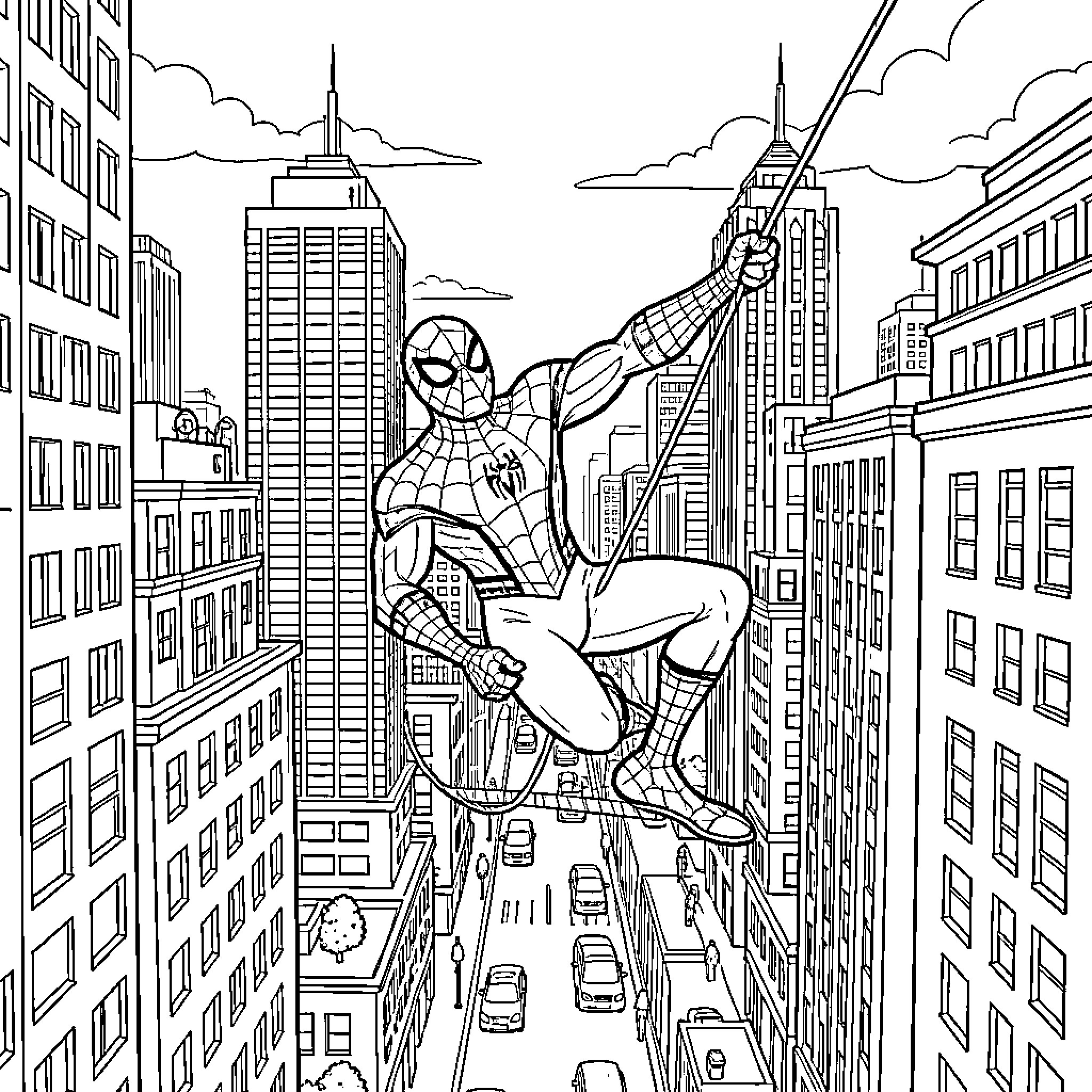 Spider-Man swinging through the city skyline Coloring Page (free black-and-white line drawing printable PDF for all, from beginners to advanced learners, including children, teens, adults, and seniors)
