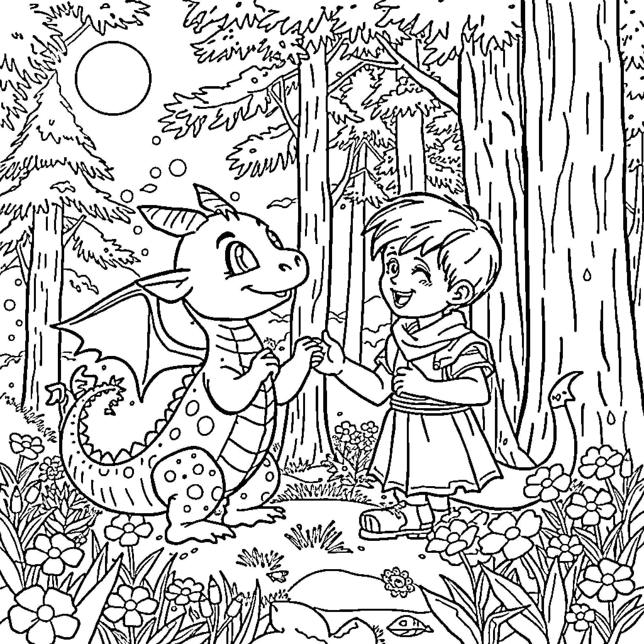 Dragon and child playing in the enchanted forest Coloring Page (free black-and-white line drawing printable PDF for all, from beginners to advanced learners, including children, teens, adults, and seniors)