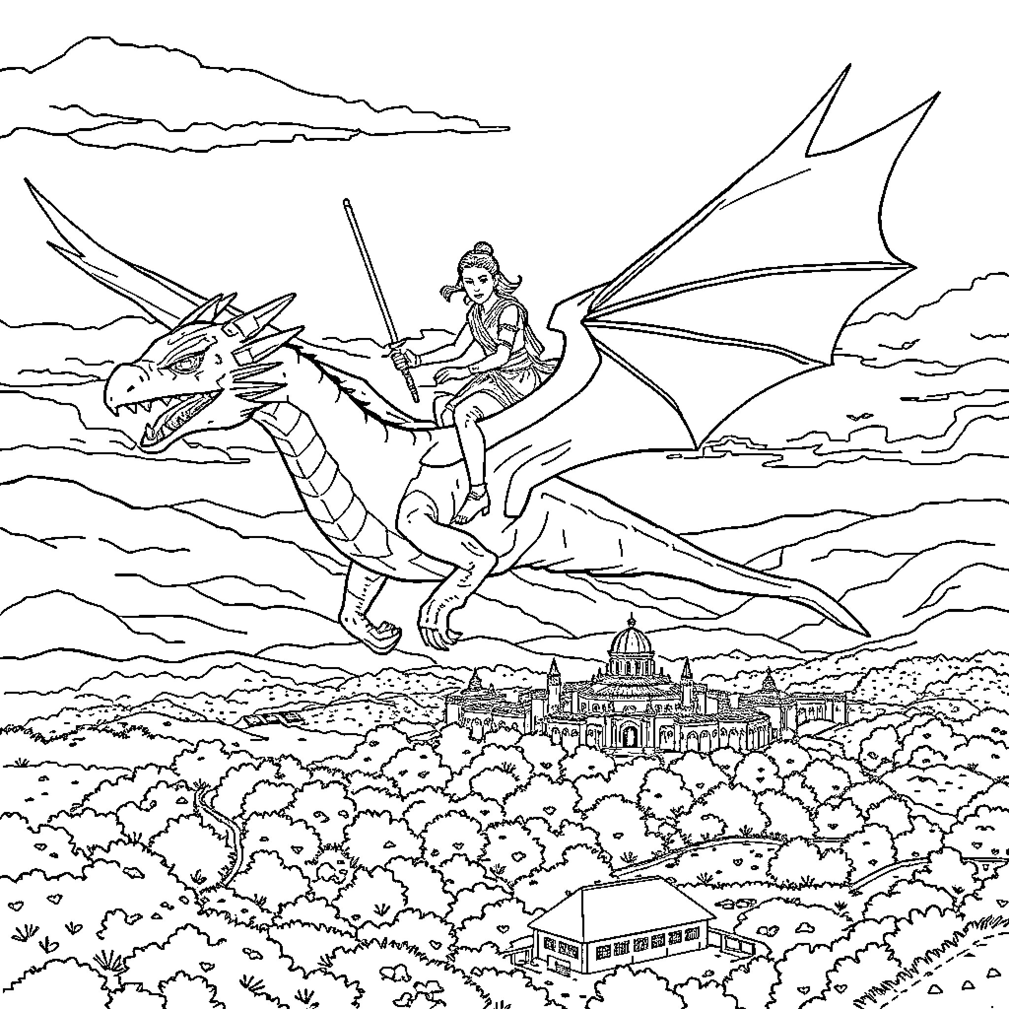 Rey riding a majestic dragon over a fantastical landscape Coloring Page (free black-and-white line drawing printable PDF for all, from beginners to advanced learners, including children, teens, adults, and seniors)