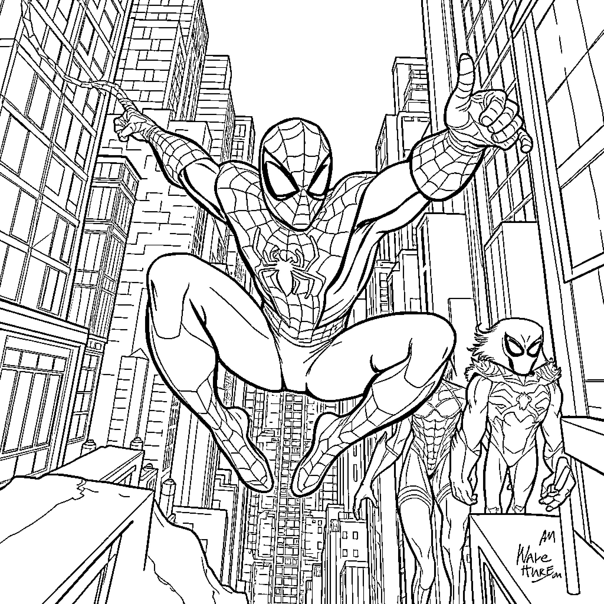 Spiderman swinging through the city with villains Coloring Page (free black-and-white line drawing printable PDF for all, from beginners to advanced learners, including children, teens, adults, and seniors)