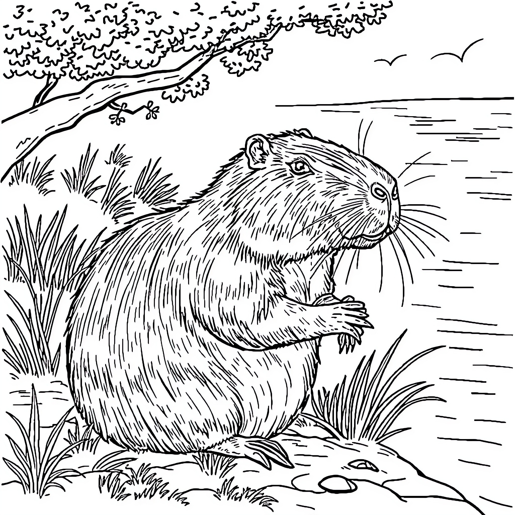 Capybara enjoying the serene outdoors Coloring Page (free black-and-white line drawing printable PDF for all, from beginners to advanced learners, including children, teens, adults, and seniors)