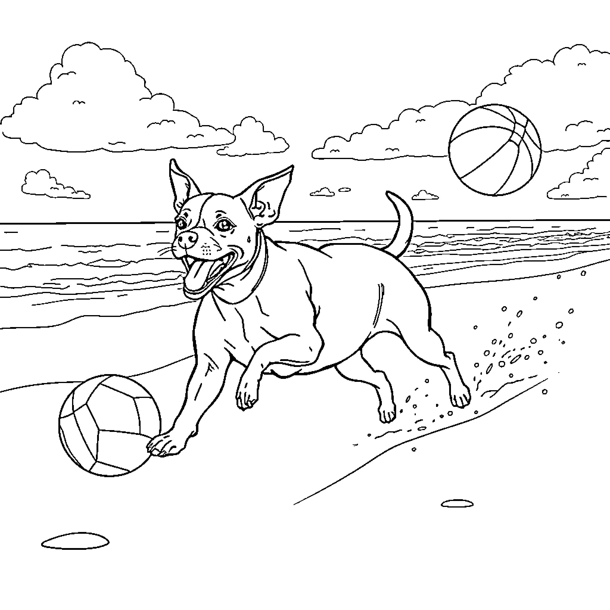 Pitbull Chihuahua Mix Playfully Chases Beach Ball at Sunset Coloring Page (free black-and-white line drawing printable PDF for all, from beginners to advanced learners, including children, teens, adults, and seniors)