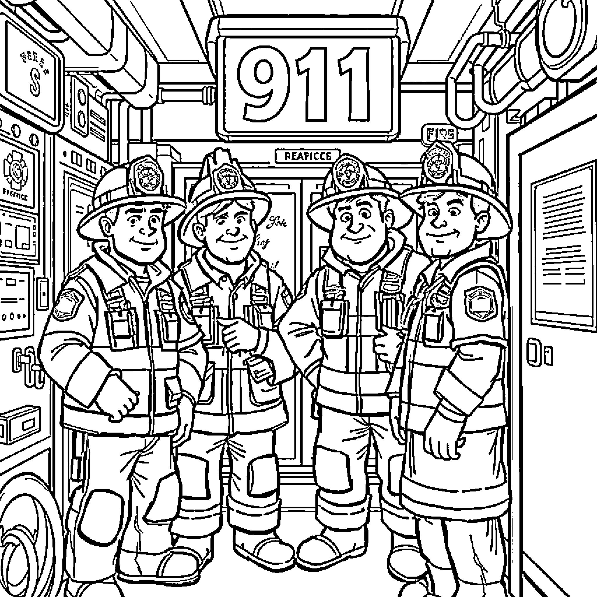 911 Emergency Responders in Uniform and Service Coloring Page (free black-and-white line drawing printable PDF for all, from beginners to advanced learners, including children, teens, adults, and seniors)