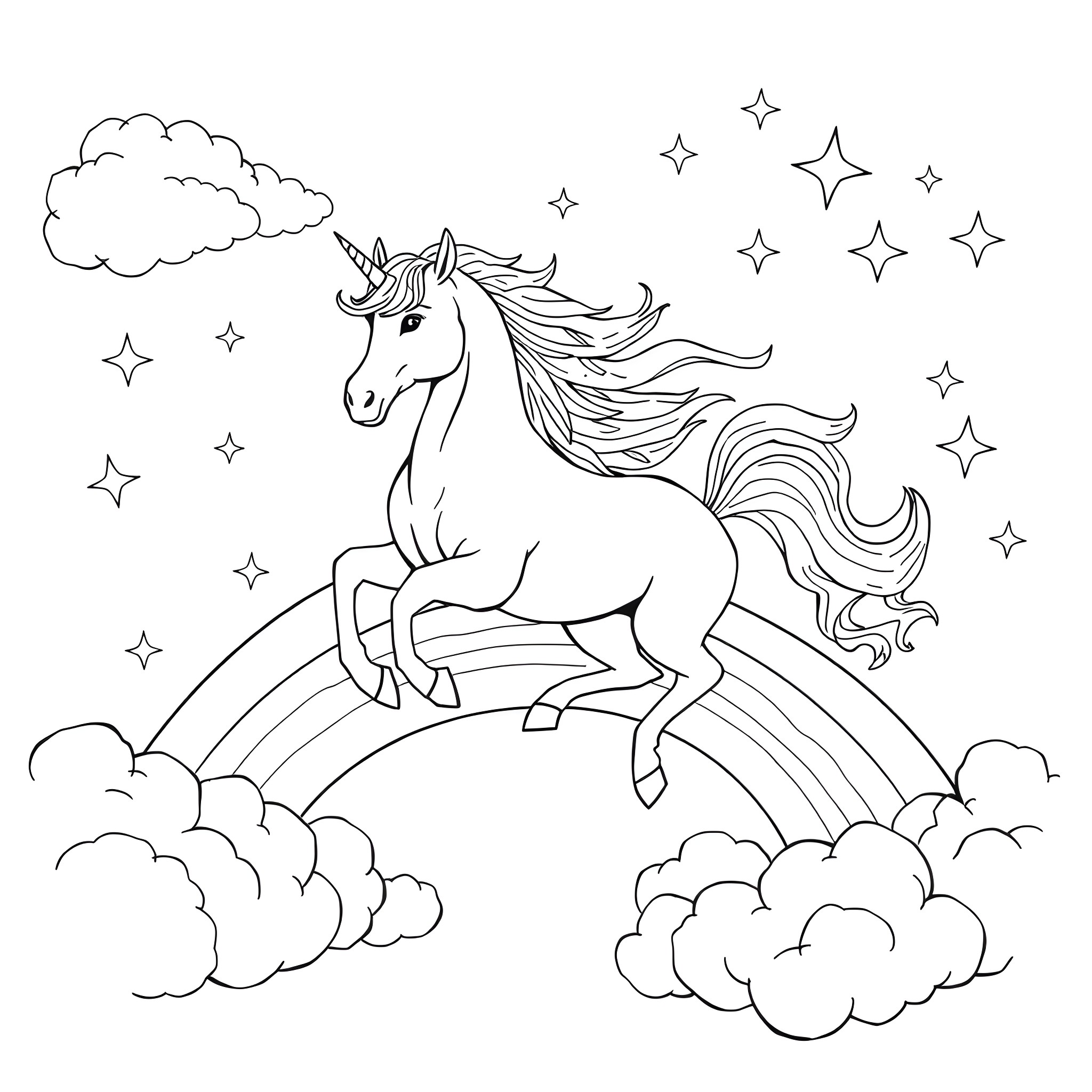Unicorn galloping through the starry night sky Coloring Page (free black-and-white line drawing printable PDF for all, from beginners to advanced learners, including children, teens, adults, and seniors)