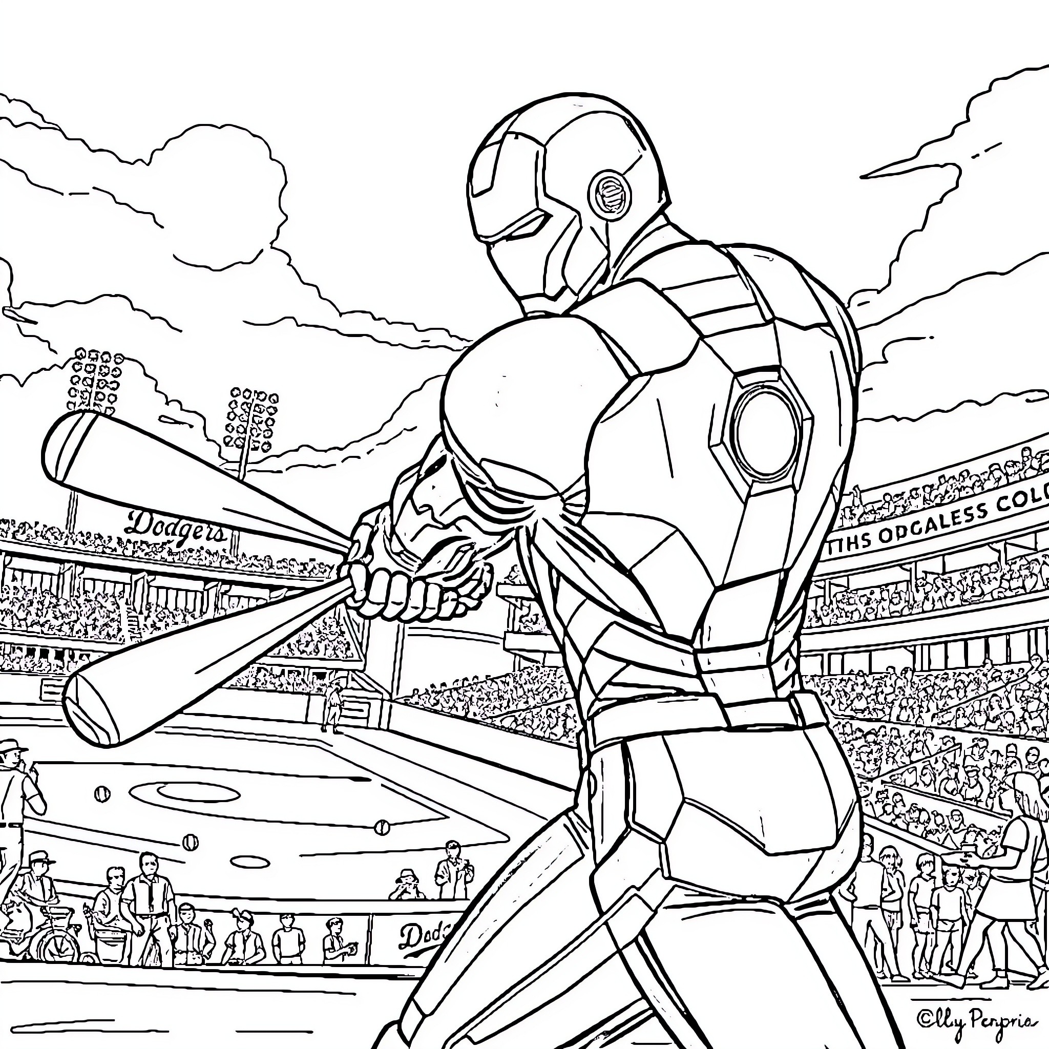 Ironman standing heroically in a crowded stadium Coloring Page (free black-and-white line drawing printable PDF for all, from beginners to advanced learners, including children, teens, adults, and seniors)