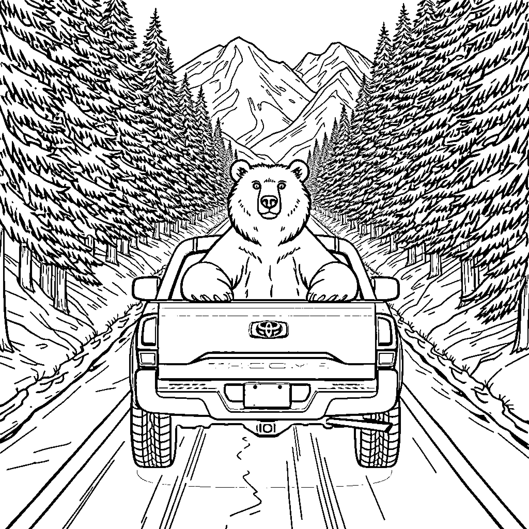 Bear driving through snowy mountain landscape Coloring Page (free black-and-white line drawing printable PDF for all, from beginners to advanced learners, including children, teens, adults, and seniors)