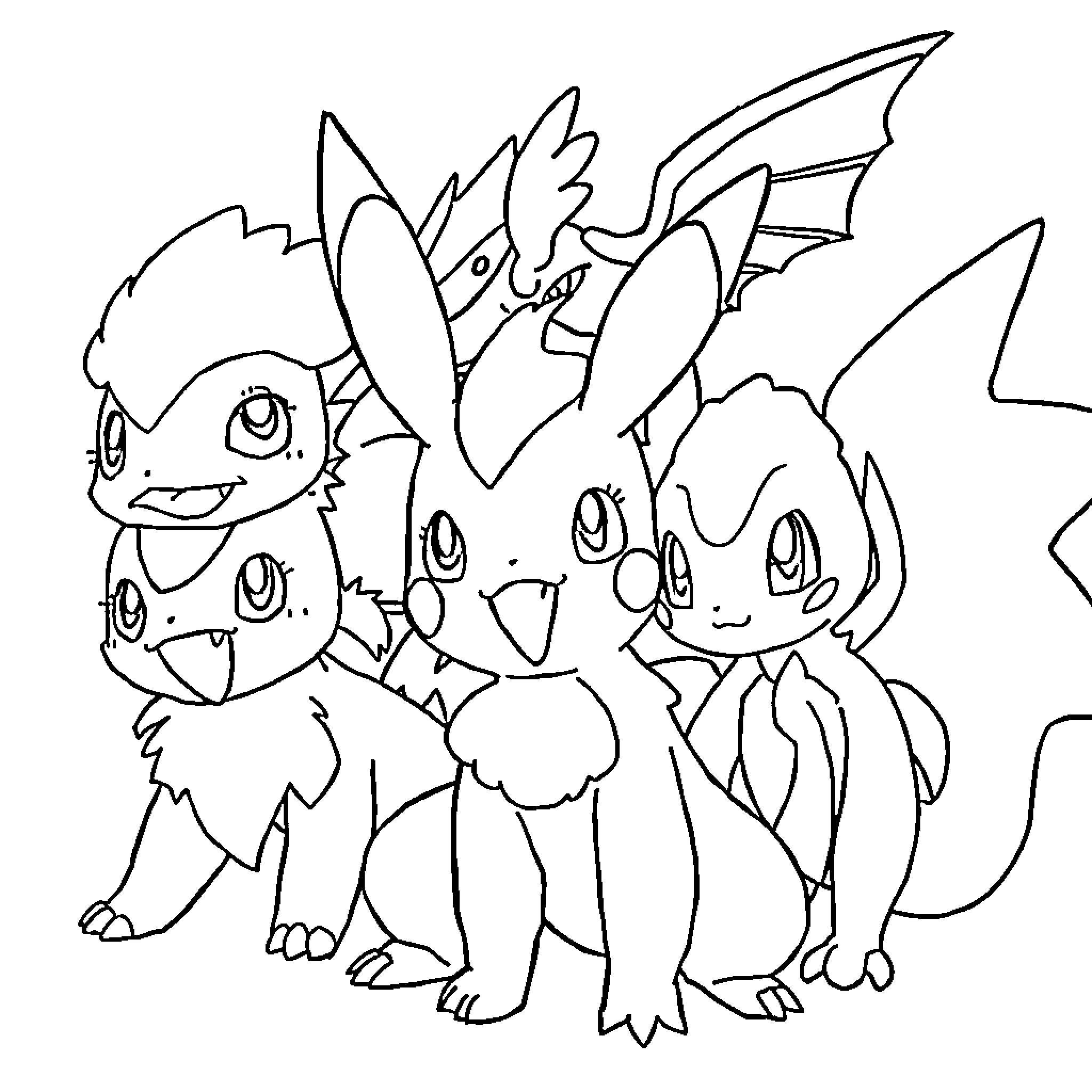 Pokémon Group Playing Together Coloring Page (free black-and-white line drawing printable PDF for all, from beginners to advanced learners, including children, teens, adults, and seniors)