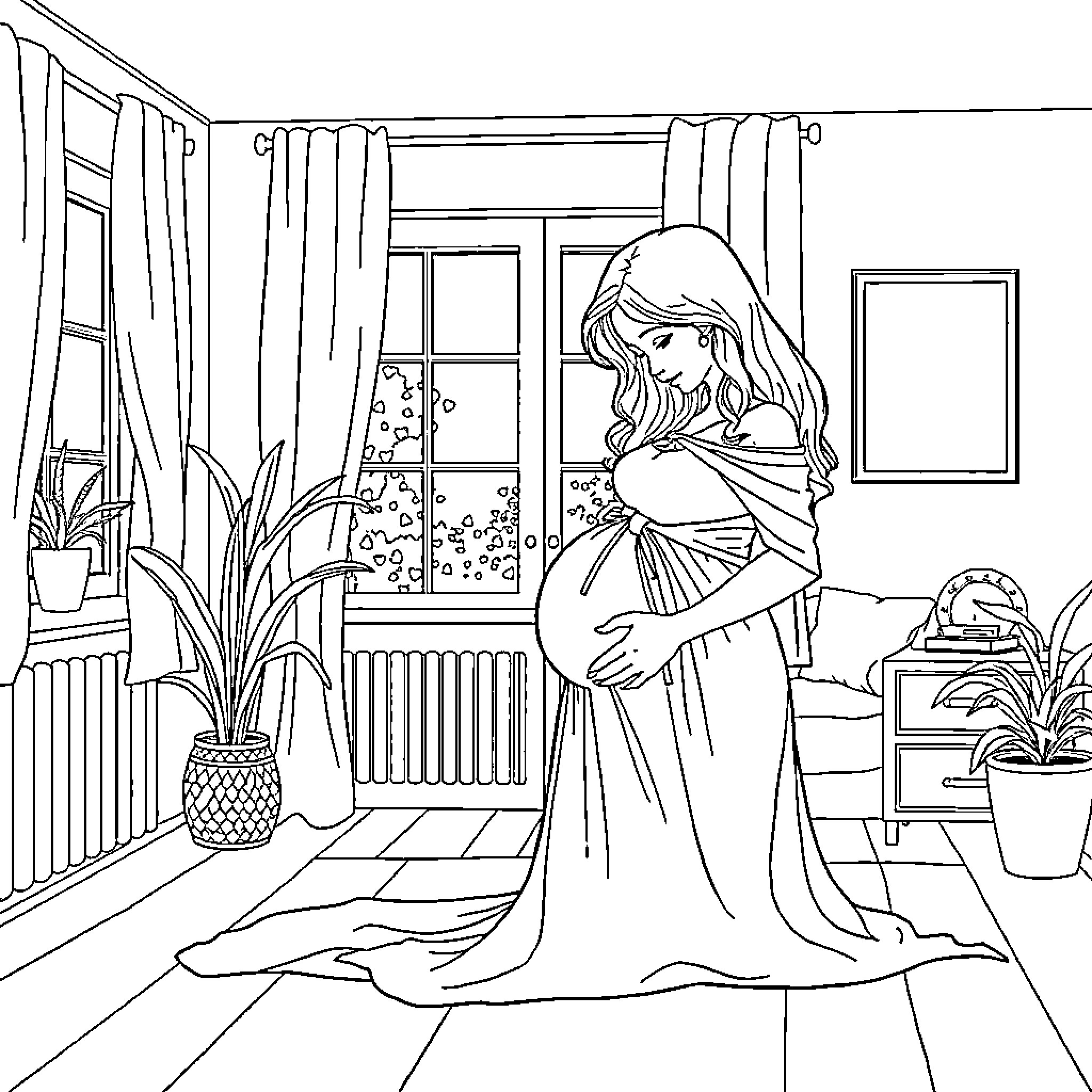 Pregnant Woman Resting Comfortably at Home Coloring Page (free black-and-white line drawing printable PDF for all, from beginners to advanced learners, including children, teens, adults, and seniors)