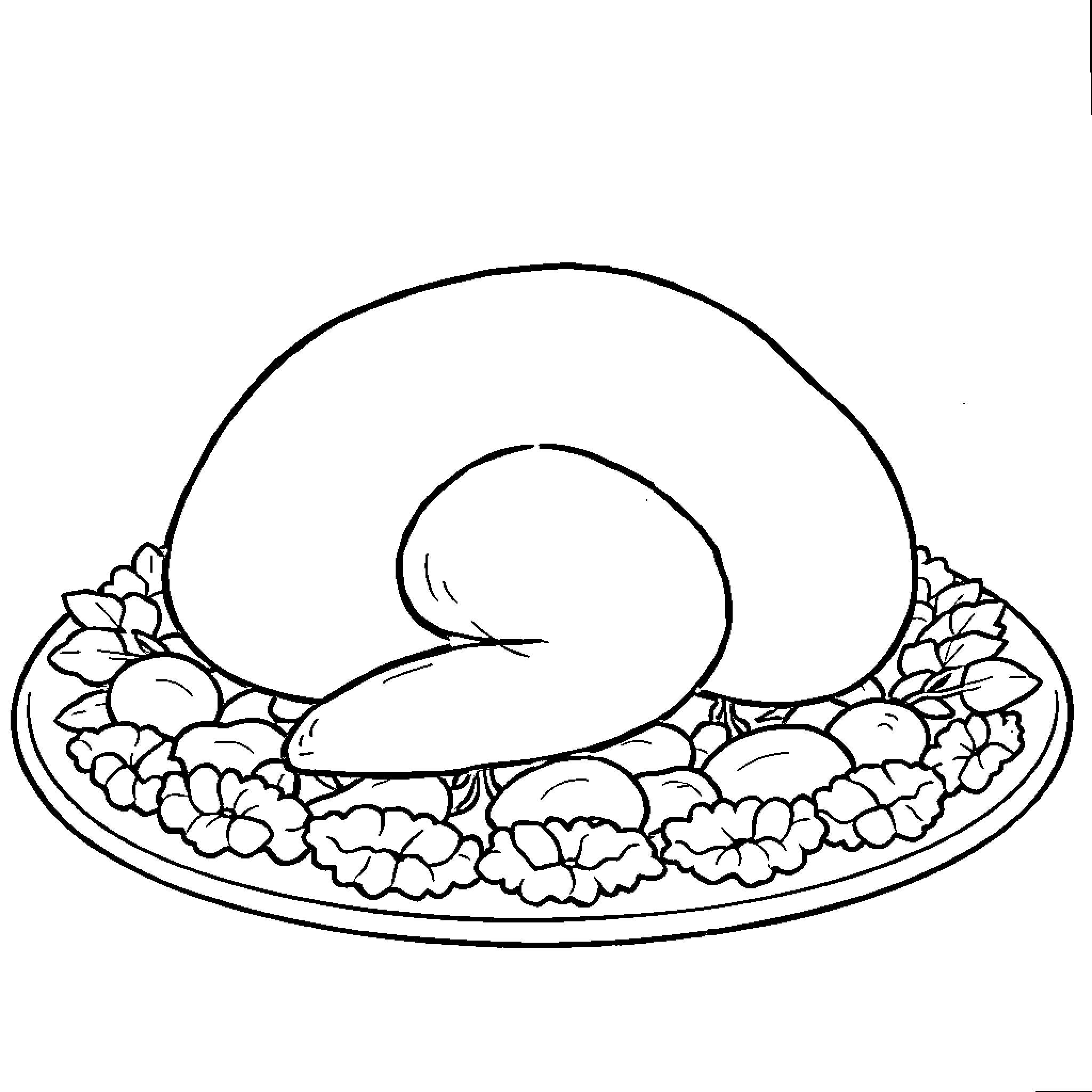 Turkey resting on a plate with vegetables Coloring Page (free black-and-white line drawing printable PDF for all, from beginners to advanced learners, including children, teens, adults, and seniors)
