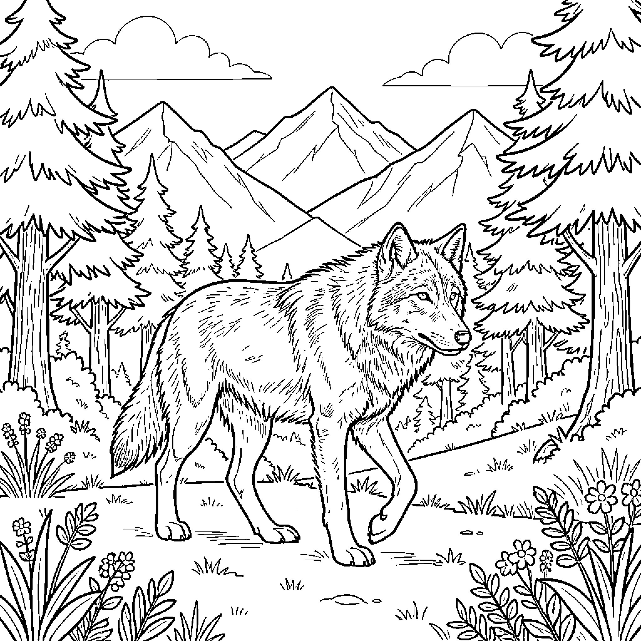 Wolf stalking in the mountainous wilderness Coloring Page (free black-and-white line drawing printable PDF for all, from beginners to advanced learners, including children, teens, adults, and seniors)
