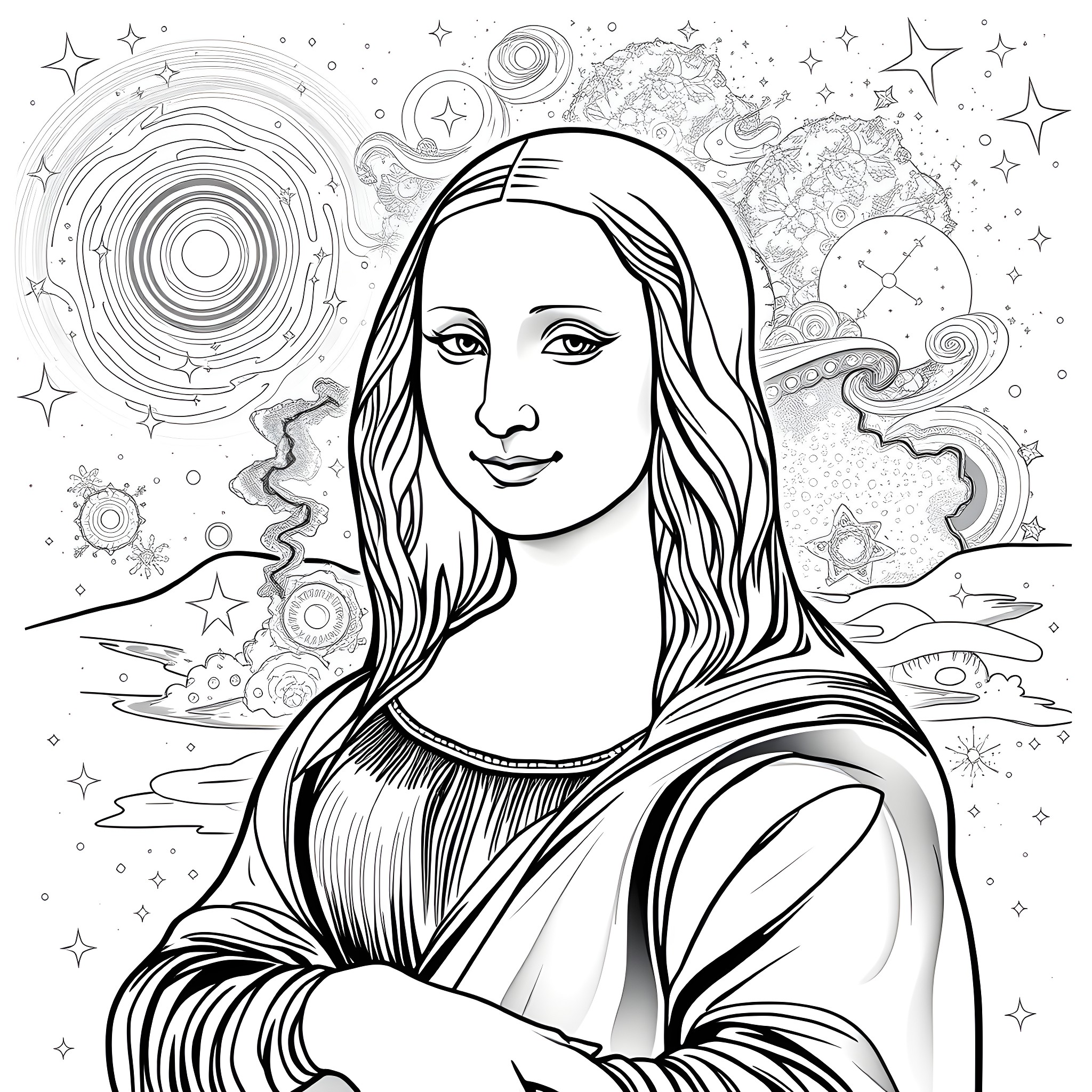 Mona Lisa in a whimsical cosmic landscape Coloring Page (free black-and-white line drawing printable PDF for all, from beginners to advanced learners, including children, teens, adults, and seniors)