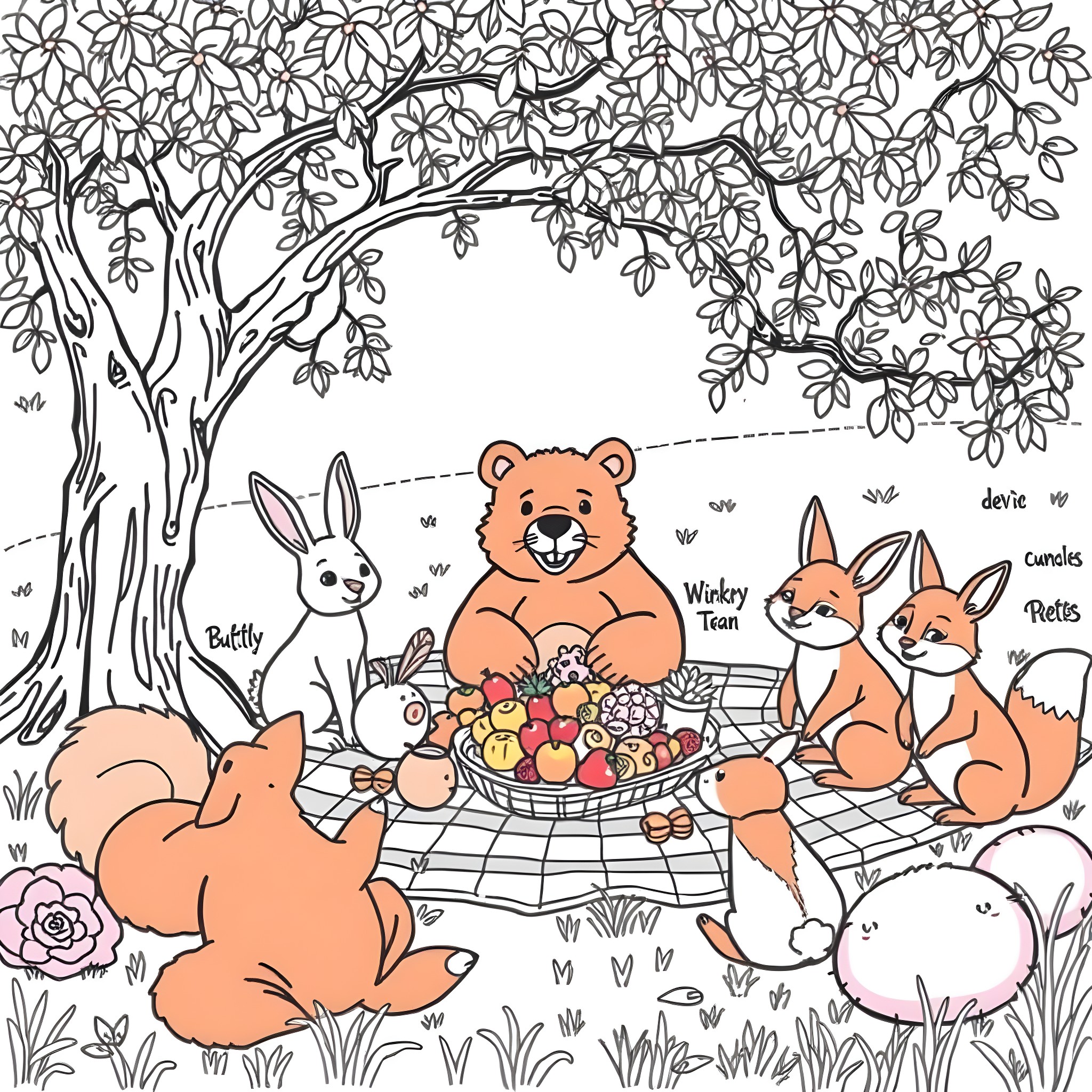 Animal friends having a picnic in the woods Coloring Page (free black-and-white line drawing printable PDF for all, from beginners to advanced learners, including children, teens, adults, and seniors)