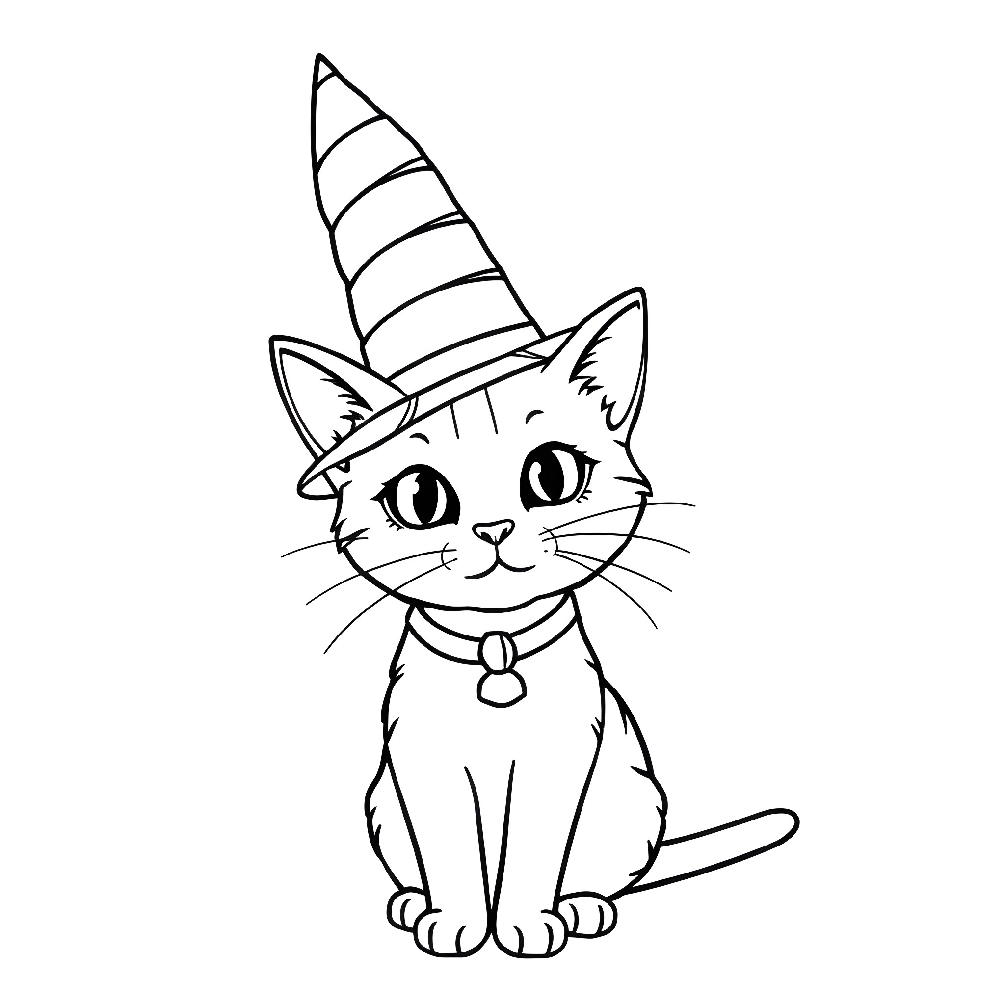 Cat in the Hat Wearing a Festive Hat Coloring Page (free black-and-white line drawing printable PDF for all, from beginners to advanced learners, including children, teens, adults, and seniors)