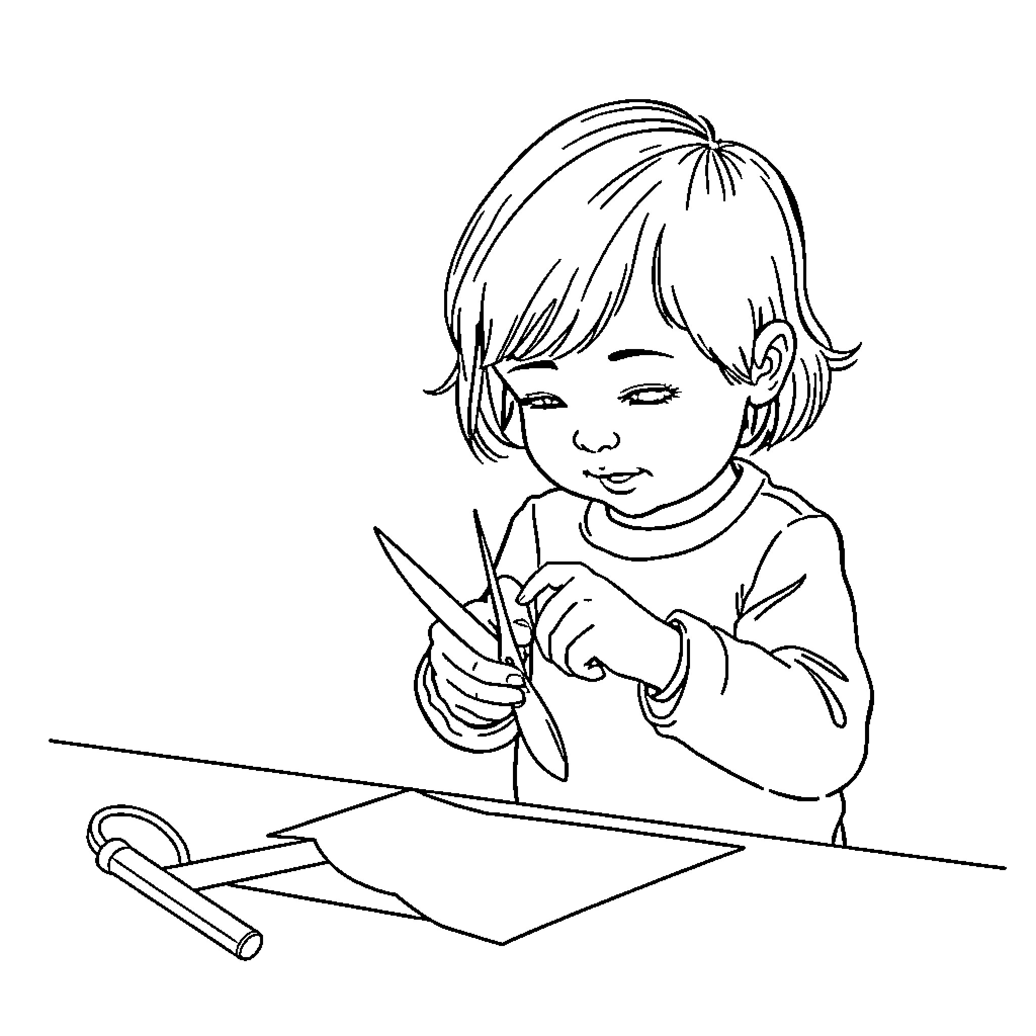Child Engaged in Crafting Activity Coloring Page (free black-and-white line drawing printable PDF for all, from beginners to advanced learners, including children, teens, adults, and seniors)