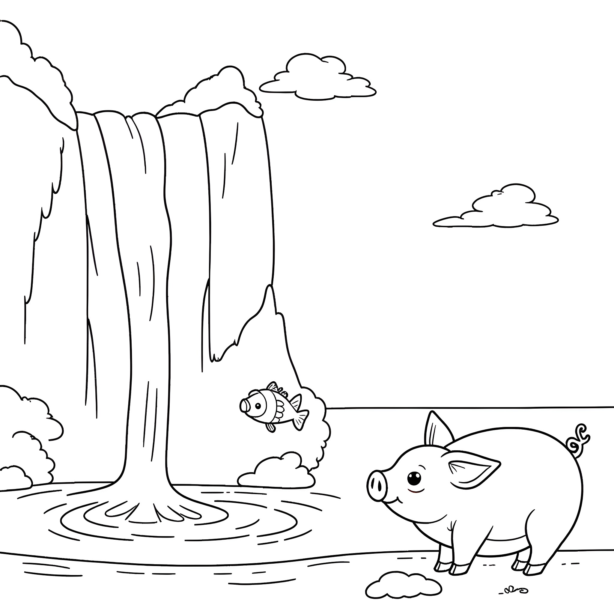 Pig exploring a waterfall scene with fish Coloring Page (free black-and-white line drawing printable PDF for all, from beginners to advanced learners, including children, teens, adults, and seniors)