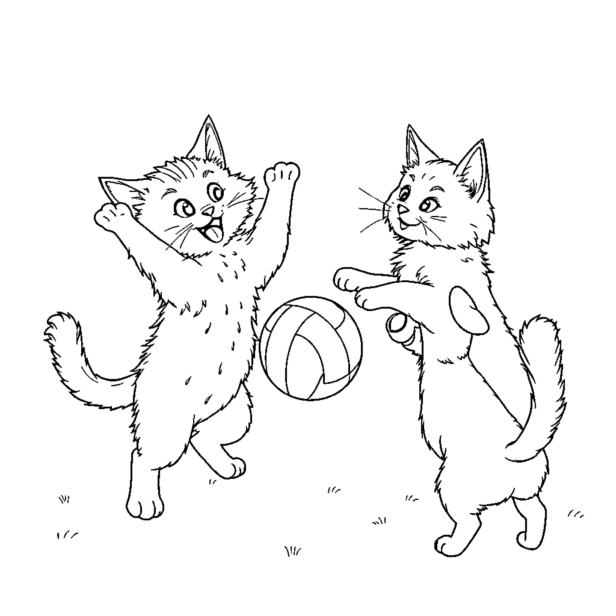 Cats playing with ball on grass Coloring Page (free black-and-white line drawing printable PDF for all, from beginners to advanced learners, including children, teens, adults, and seniors)