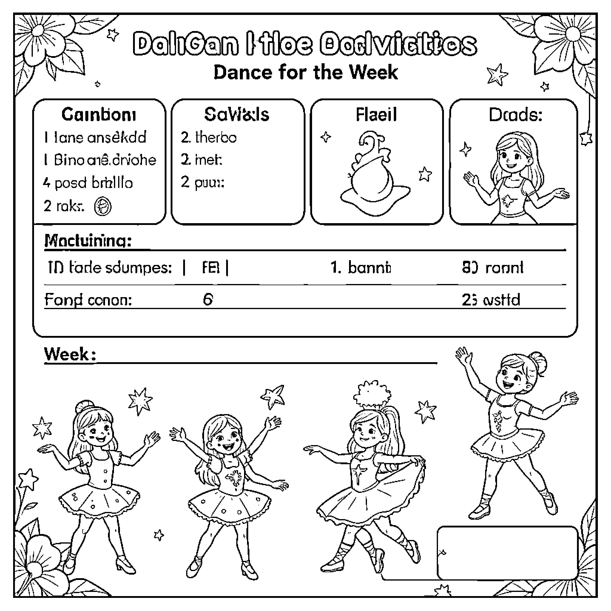 Dance activities with joyful children in ballet outfits Coloring Page (free black-and-white line drawing printable PDF for all, from beginners to advanced learners, including children, teens, adults, and seniors)