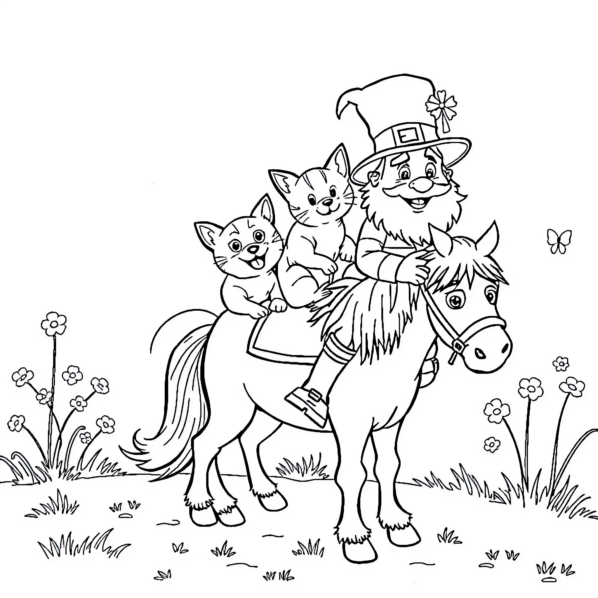 Dog riding horse with playful cats Coloring Page (free black-and-white line drawing printable PDF for all, from beginners to advanced learners, including children, teens, adults, and seniors)