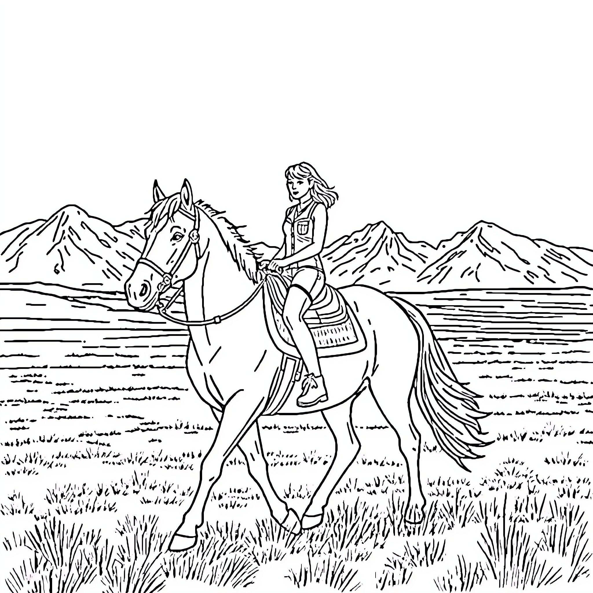 Taylor Swift riding a horse in the mountains Coloring Page (free black-and-white line drawing printable PDF for all, from beginners to advanced learners, including children, teens, adults, and seniors)