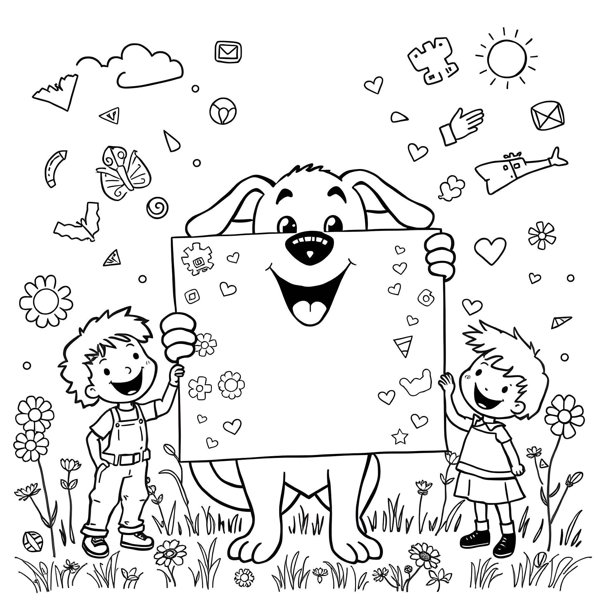 Dog and kids playing with flowers and toys Coloring Page (free black-and-white line drawing printable PDF for all, from beginners to advanced learners, including children, teens, adults, and seniors)