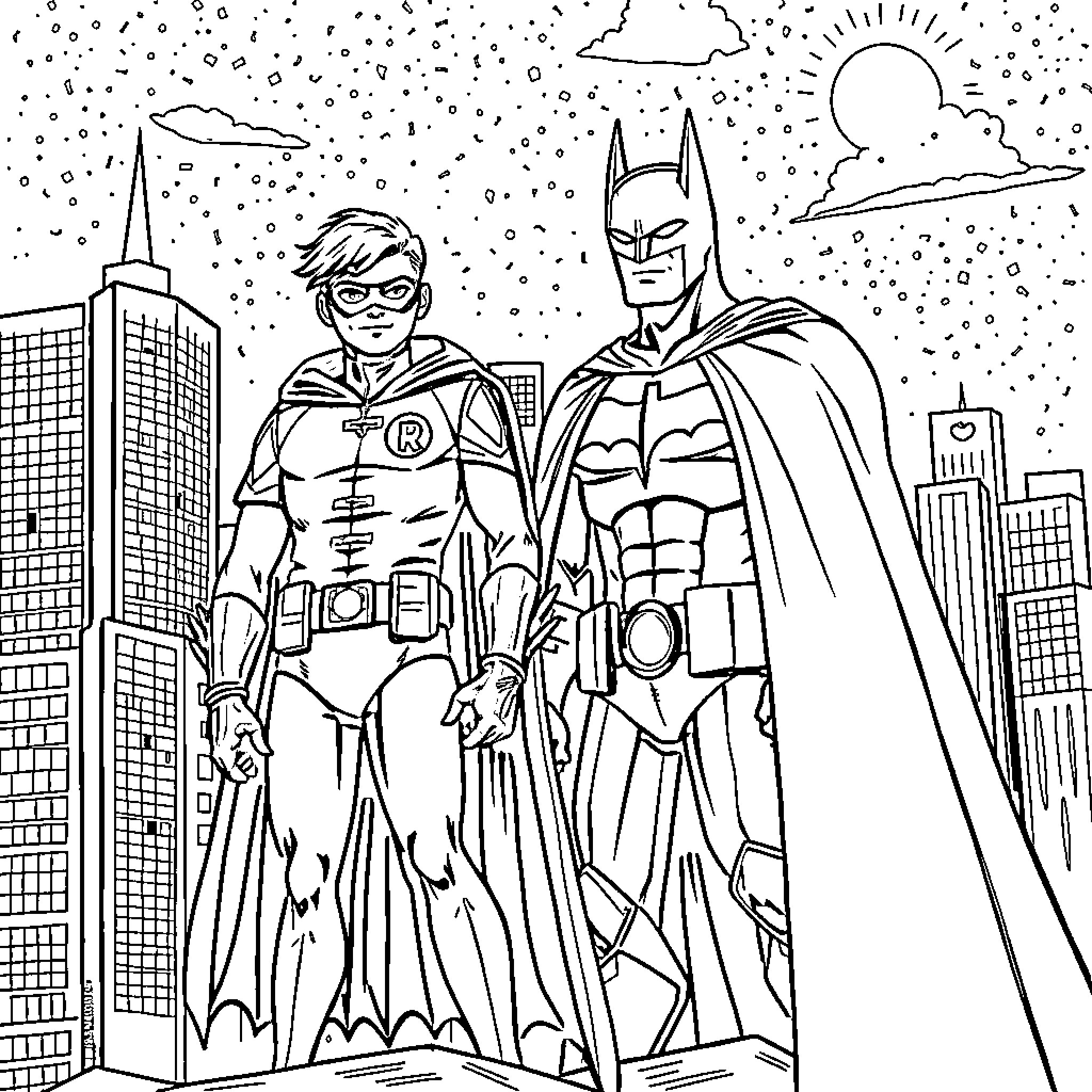 Robin and Batman Protecting the City Coloring Page (free black-and-white line drawing printable PDF for all, from beginners to advanced learners, including children, teens, adults, and seniors)