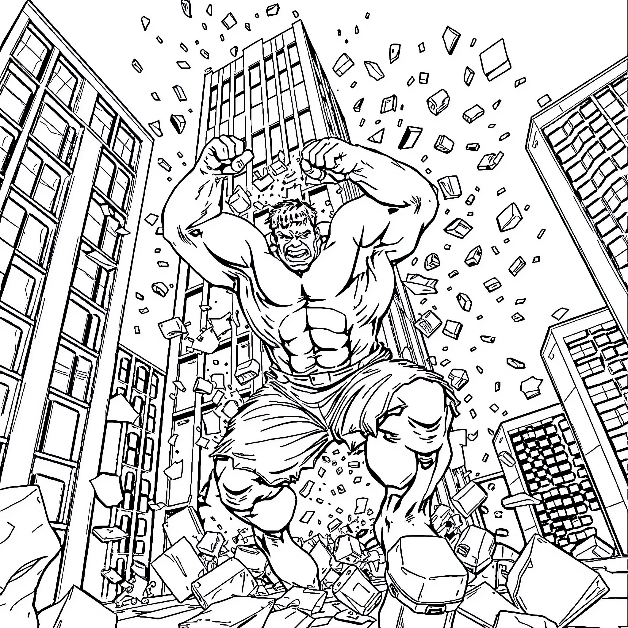 Hulk Smashing Through the City Coloring Page (free black-and-white line drawing printable PDF for all, from beginners to advanced learners, including children, teens, adults, and seniors)