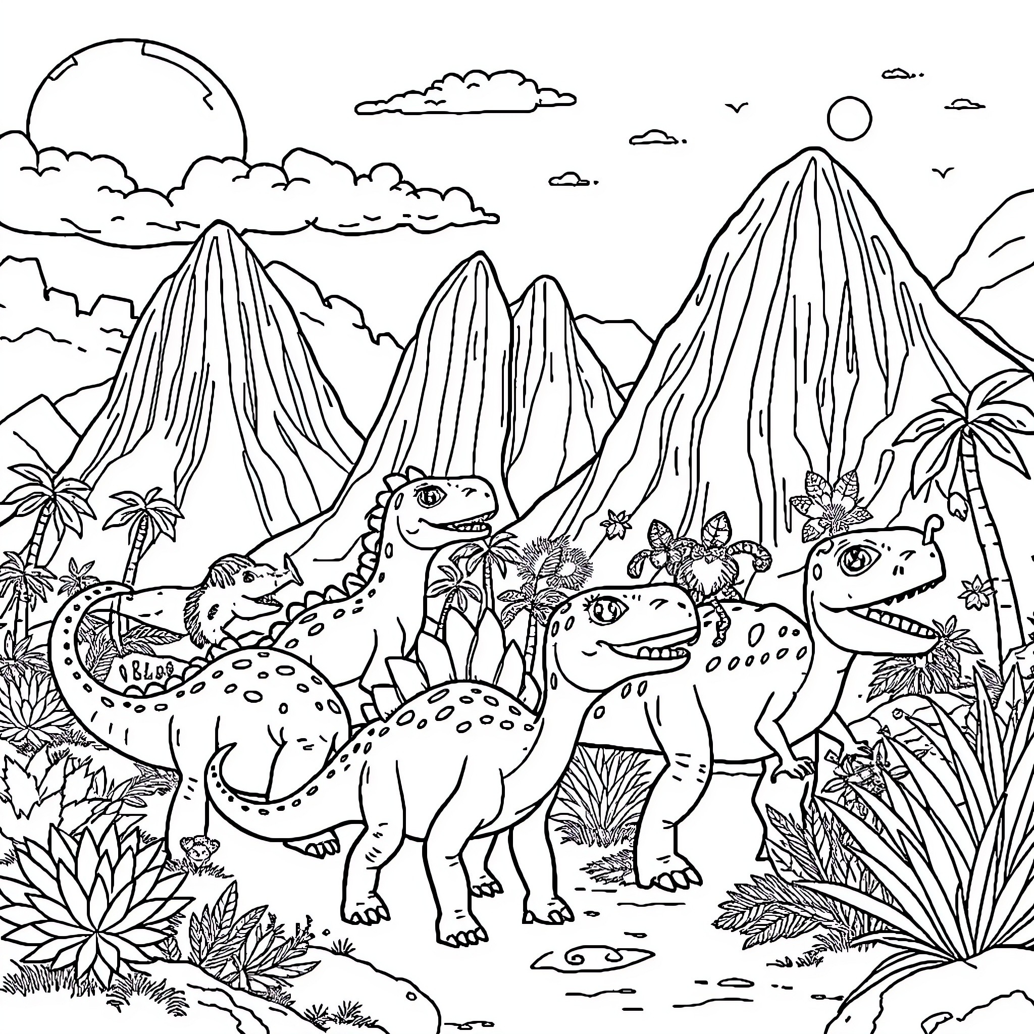 Land Before Time Dinosaurs in Prehistoric Landscape Coloring Page (free black-and-white line drawing printable PDF for all, from beginners to advanced learners, including children, teens, adults, and seniors)