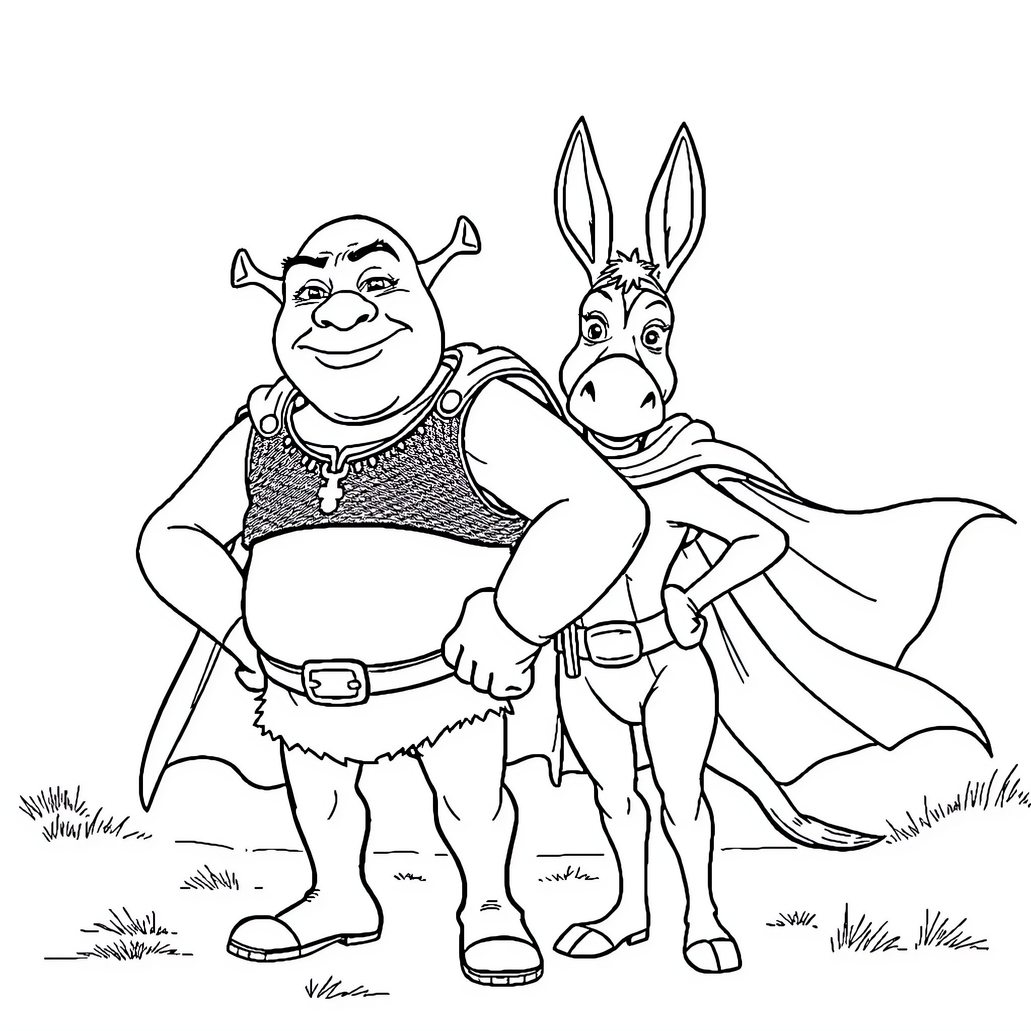 Shrek and Donkey in a playful scene Coloring Page (free black-and-white line drawing printable PDF for all, from beginners to advanced learners, including children, teens, adults, and seniors)