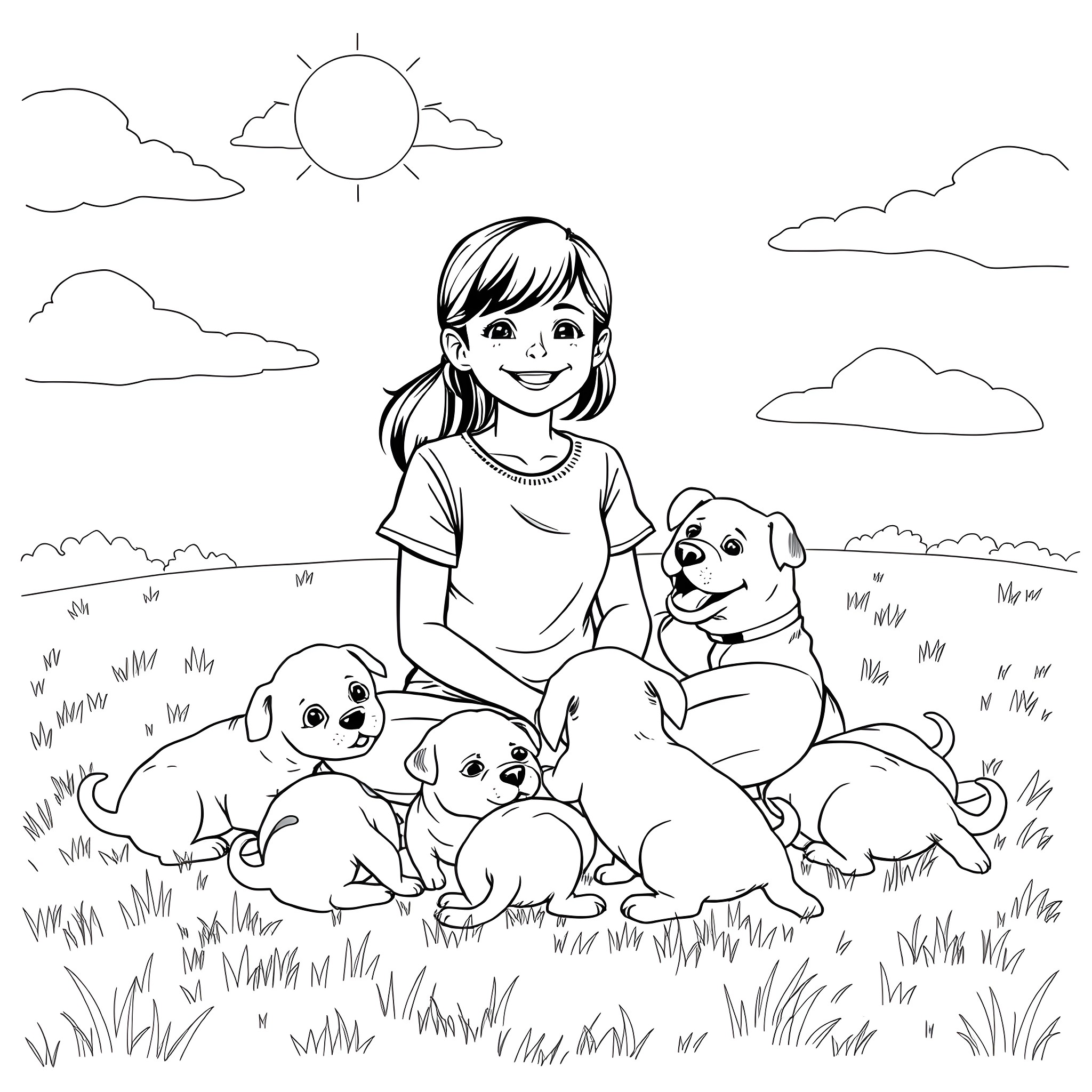 Teen Girl Playing with Adorable Puppies in the Meadow Coloring Page (free black-and-white line drawing printable PDF for all, from beginners to advanced learners, including children, teens, adults, and seniors)