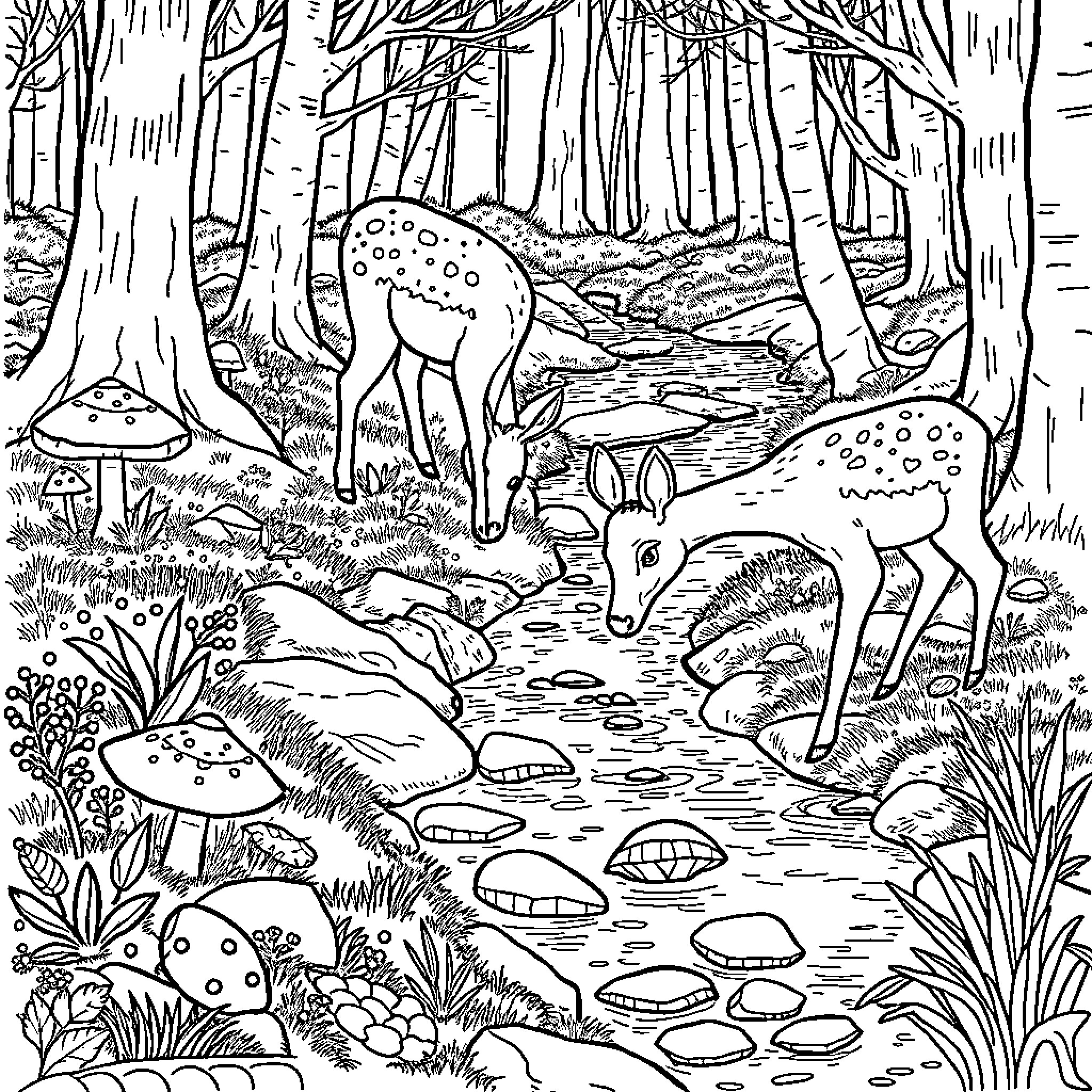 Mushroom Deer in the Enchanted Forest Coloring Page (free black-and-white line drawing printable PDF for all, from beginners to advanced learners, including children, teens, adults, and seniors)