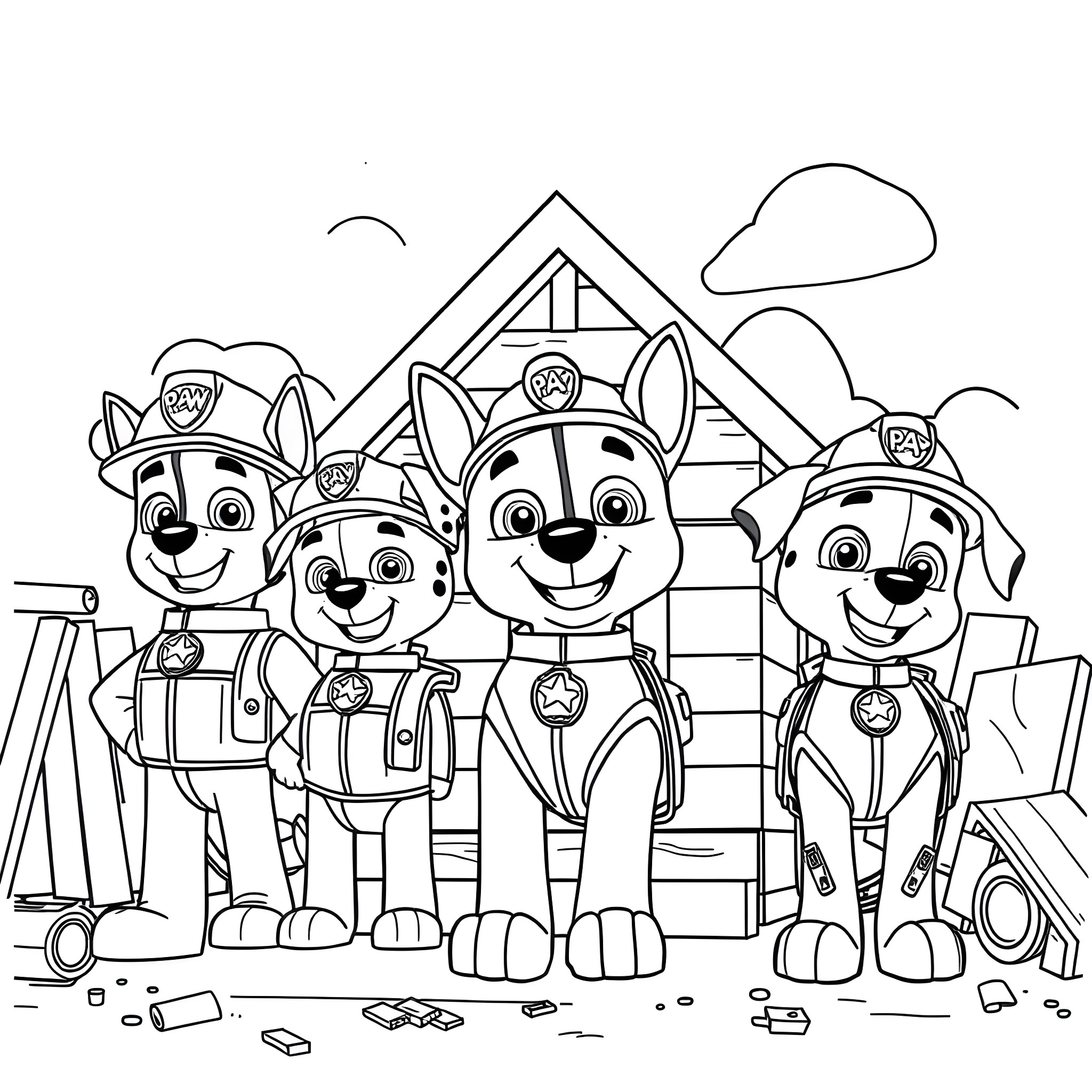 Paw Patrol team in action Coloring Page (free black-and-white line drawing printable PDF for all, from beginners to advanced learners, including children, teens, adults, and seniors)