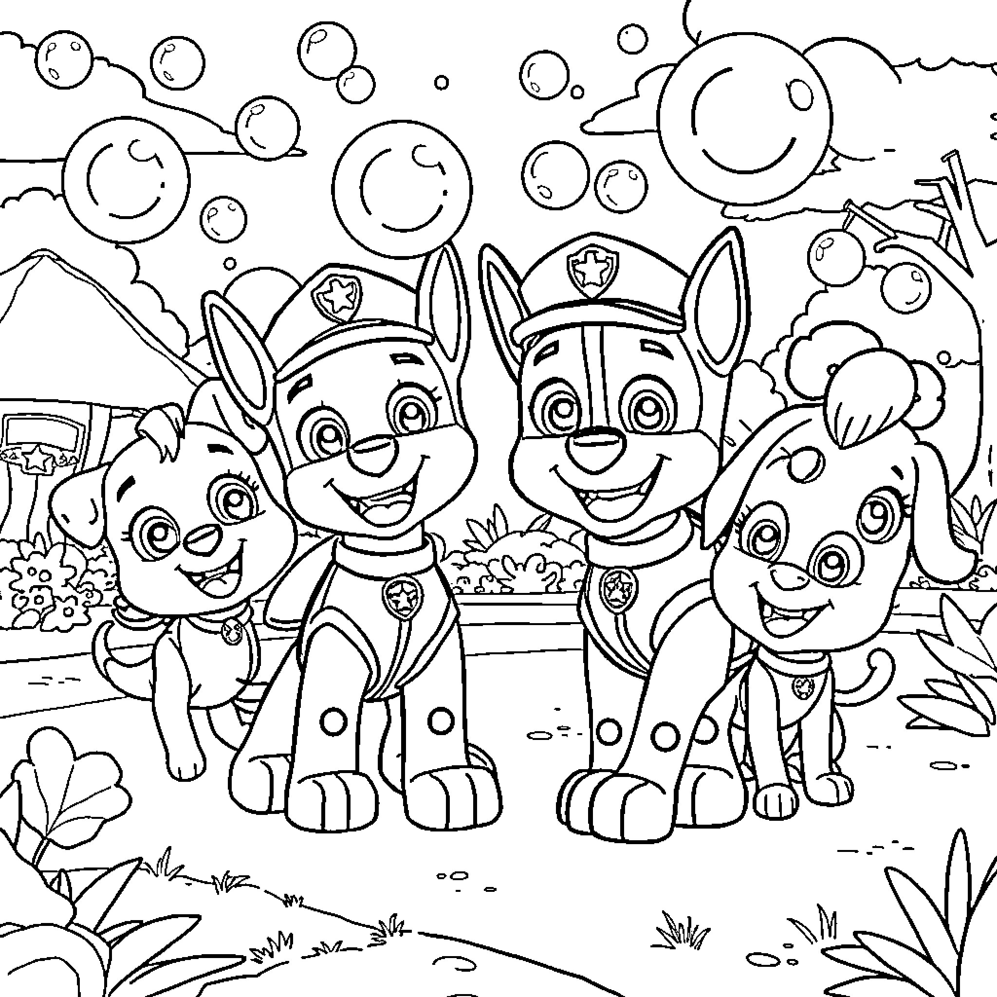 Paw Patrol team happily posing in outdoor scene Coloring Page (free black-and-white line drawing printable PDF for all, from beginners to advanced learners, including children, teens, adults, and seniors)