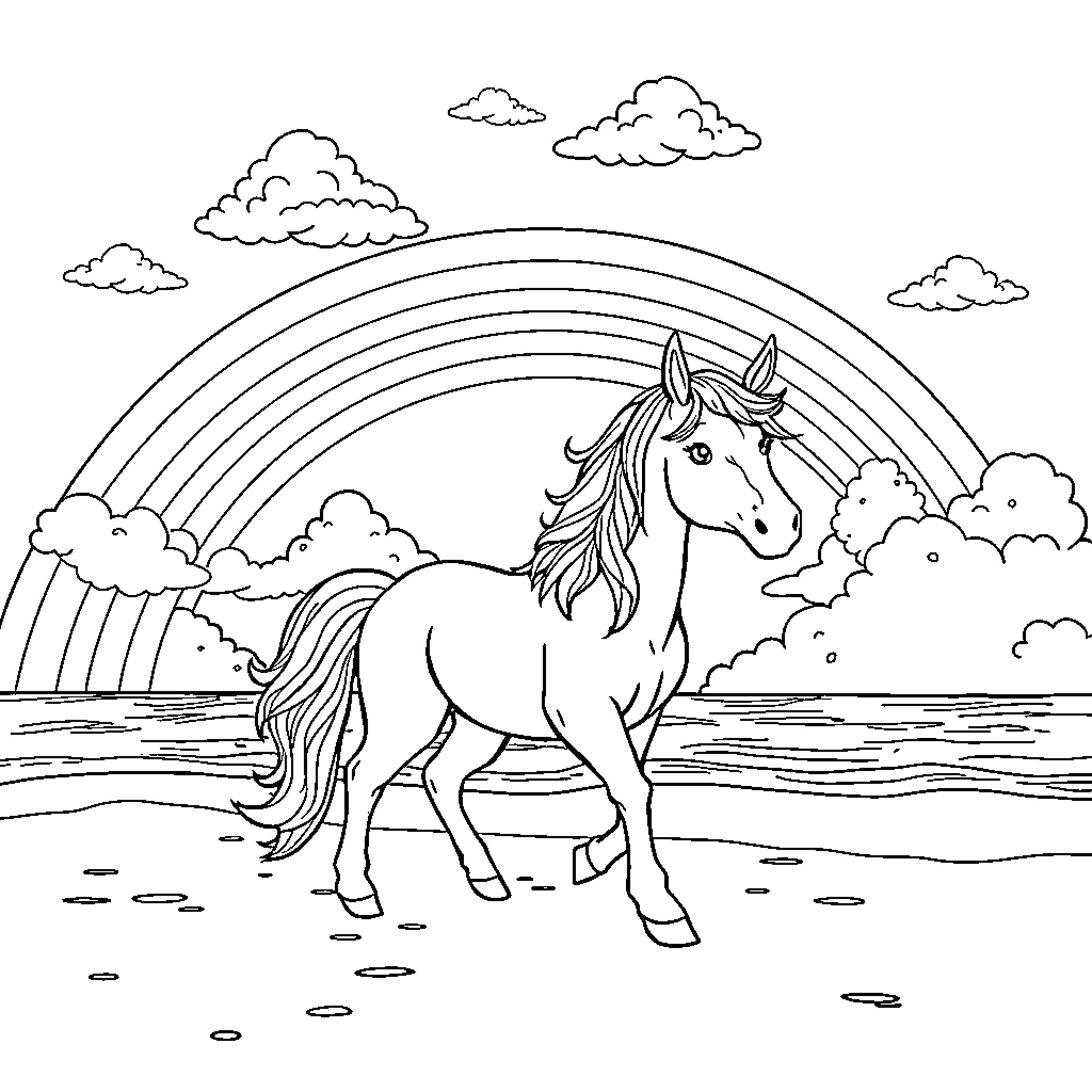 Unicorn exploring the rainbow landscape Coloring Page (free black-and-white line drawing printable PDF for all, from beginners to advanced learners, including children, teens, adults, and seniors)