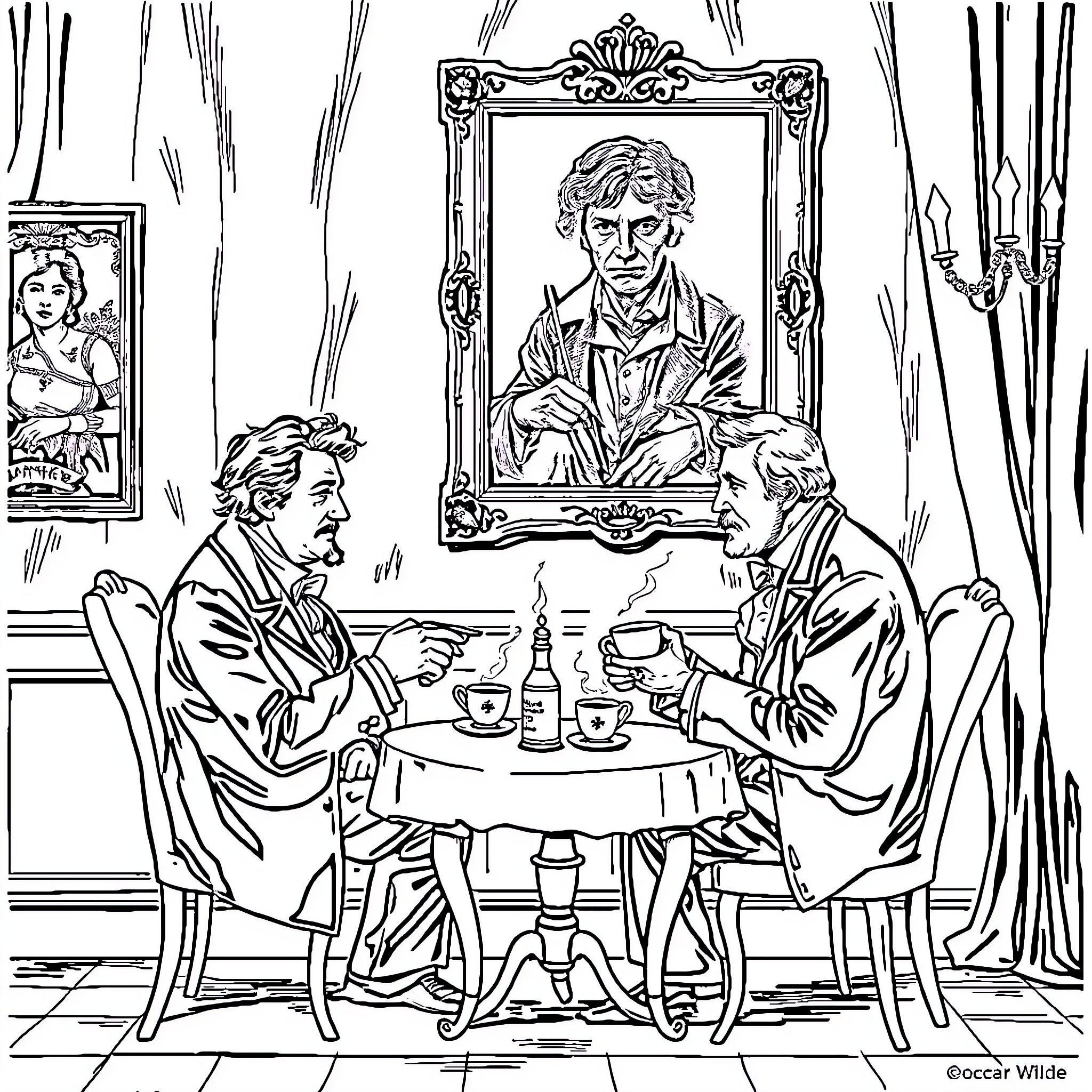 Oscar Wilde: Intellectuals Engaged in Lively Discourse Coloring Page (free black-and-white line drawing printable PDF for all, from beginners to advanced learners, including children, teens, adults, and seniors)