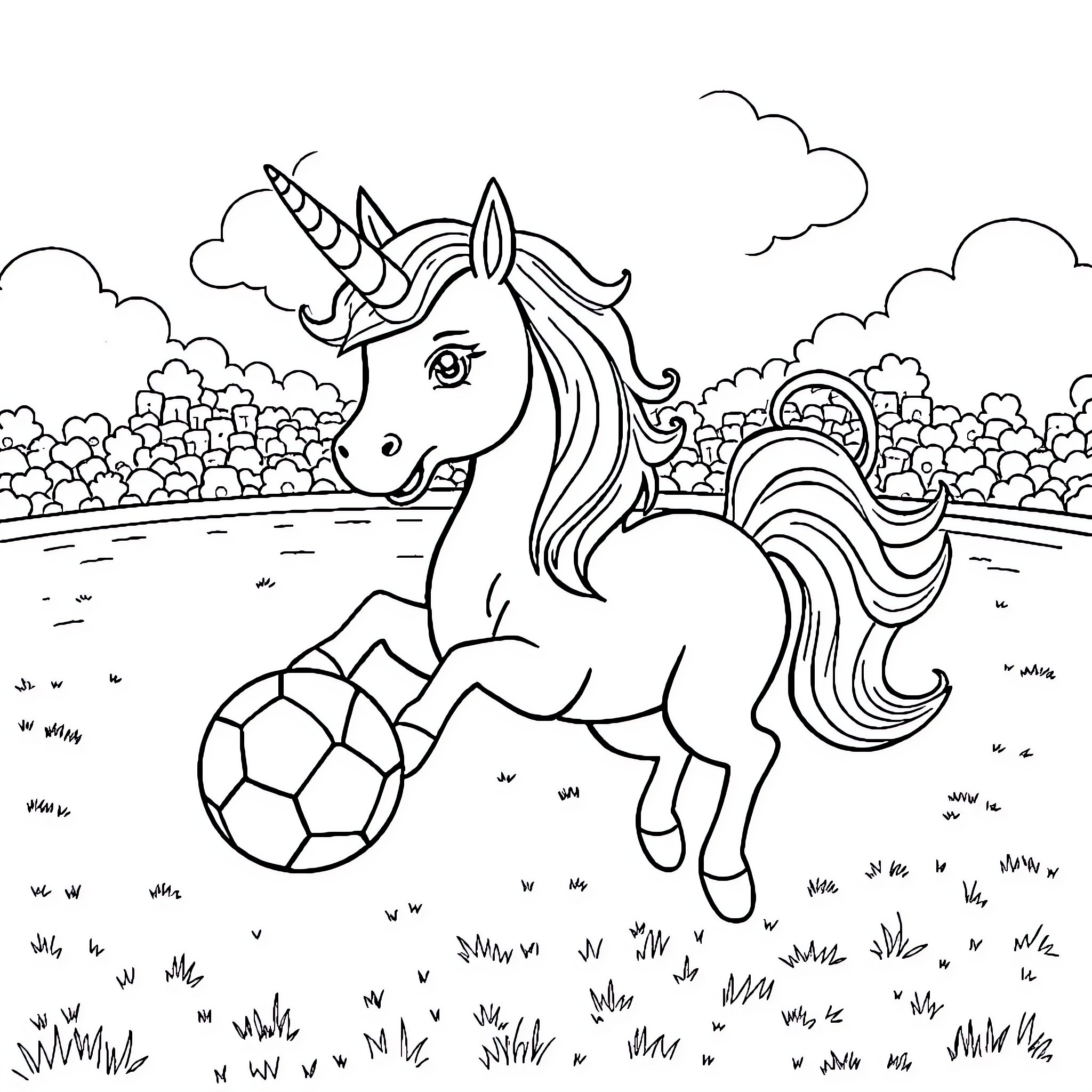 Unicorn playing joyfully with ball in enchanted meadow Coloring Page (free black-and-white line drawing printable PDF for all, from beginners to advanced learners, including children, teens, adults, and seniors)