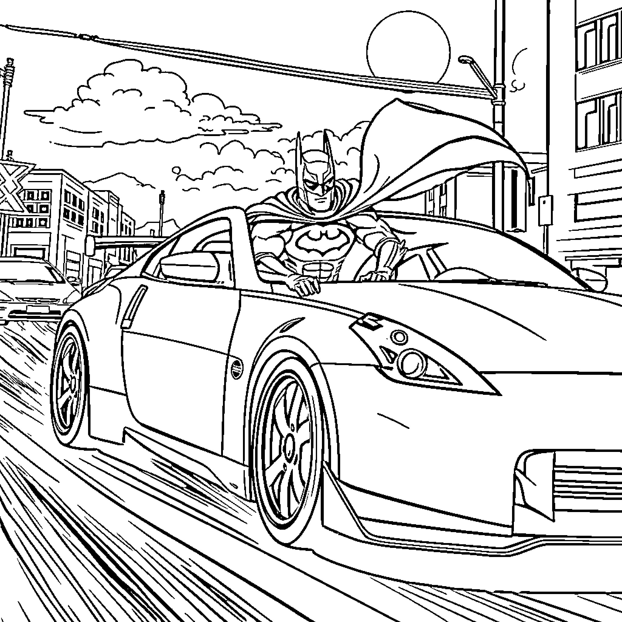 Nissan 350z speeding through the city with superhero Coloring Page (free black-and-white line drawing printable PDF for all, from beginners to advanced learners, including children, teens, adults, and seniors)
