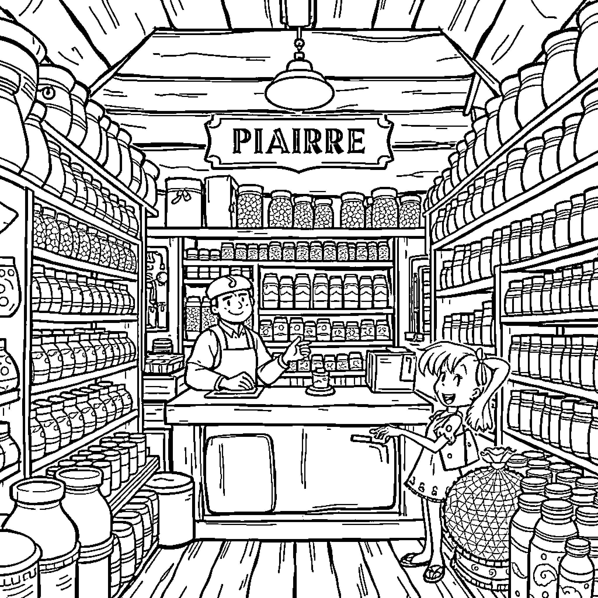 Pierre's Busy Day in the General Store Coloring Page (free black-and-white line drawing printable PDF for all, from beginners to advanced learners, including children, teens, adults, and seniors)