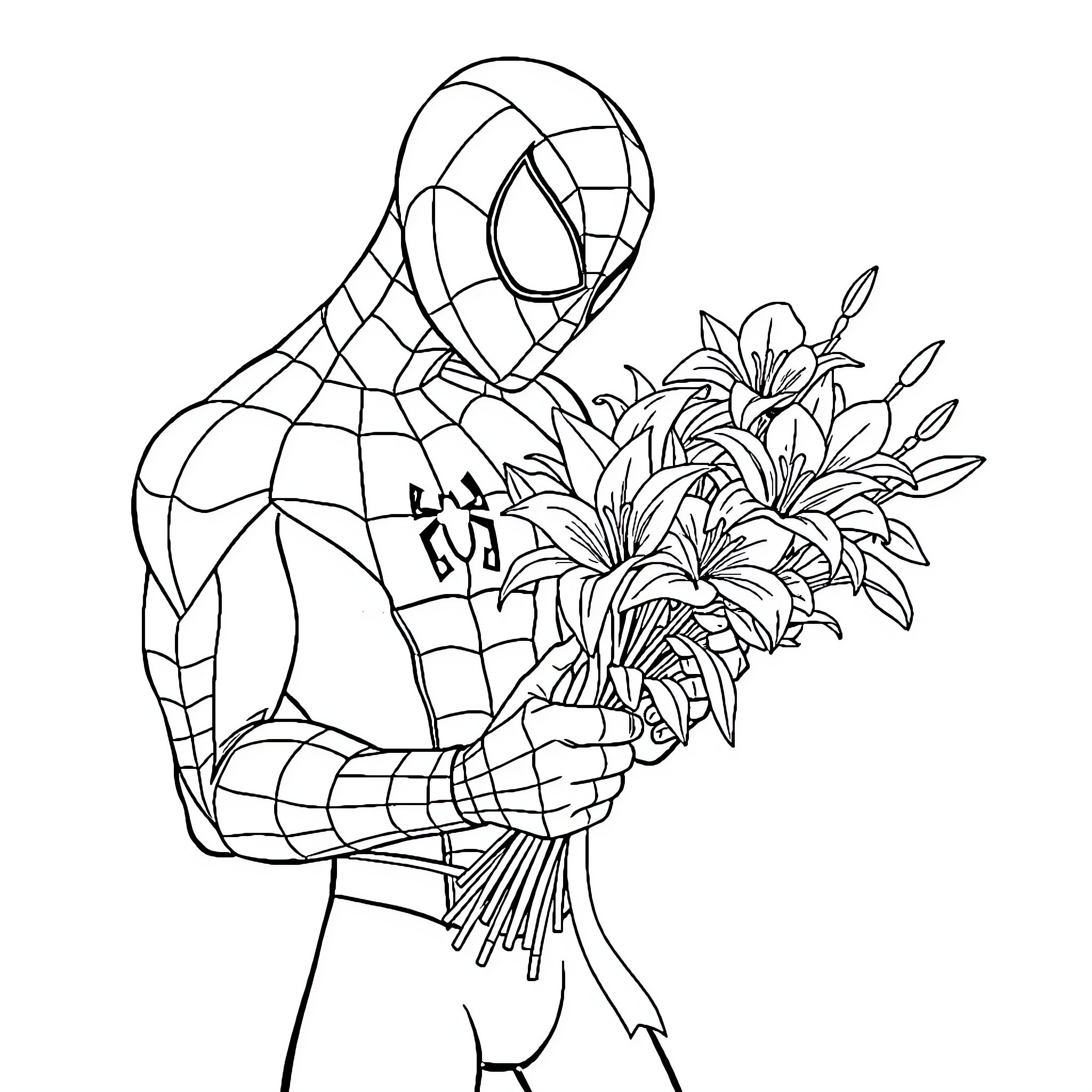 Spiderman holding a bouquet of flowers Coloring Page (free black-and-white line drawing printable PDF for all, from beginners to advanced learners, including children, teens, adults, and seniors)